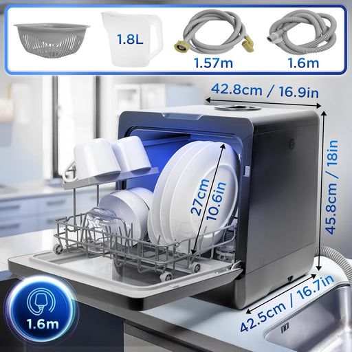 Duronic DW5 BK Tischgeschirrspüler, Mini Geschirrspüler für 3 Gedecke mit 6 Programmen, 5 l Wassertank, Wohnmobil, Küche, Camping oder Büro, 5 l Wassertank