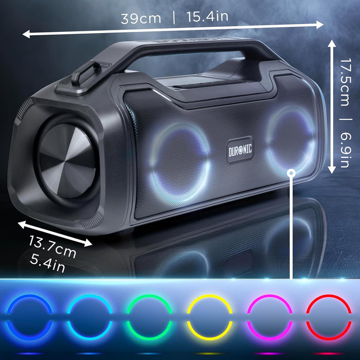 Duronic BX48 Tragbarer Bluetooth-Lautsprecher | Wireless Boombox mit RGB-Lichtern | IPX5 Spritzwassergeschützt | Extremer Sound | 4,5 Stunden Spielzeit | AUX/USB/TWS Kompatibel | MicroSD bis 32GB