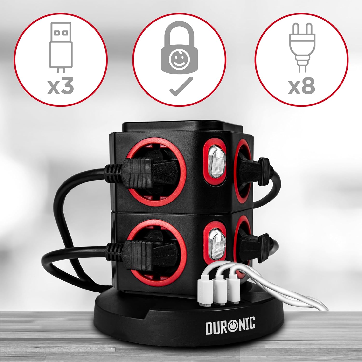 Duronic ET8W Mehrfachsteckdose | Steckdosenwürfel mit 3 USB Ports und Wireless Charging | 8-Fach Steckdose 3680W 16A | Steckdosenleiste mit Überspannungsschutz | Steckdosenturm mit 1,8 m Kabel