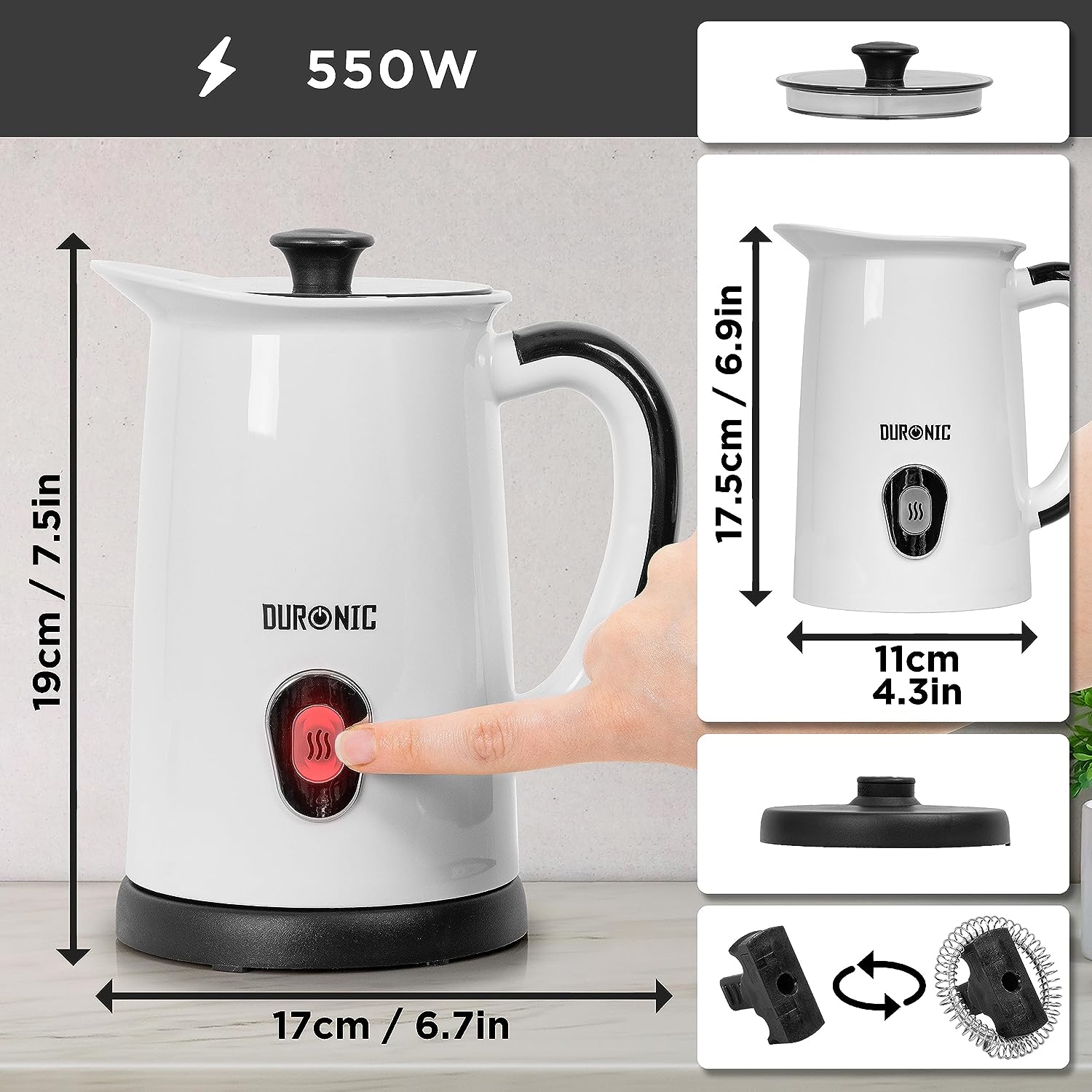 Duronic MF130 elektrischer Milchaufschäumer, 240ml Behälter Milchaufschäumer Induktion, automatischer Milchschäumer, heißer und kalter Milchschaum für Kaffee, Cappuccino, Latte Macchiato und Kakao