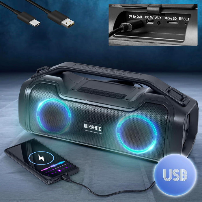 Duronic BX48 Tragbarer Bluetooth-Lautsprecher | Wireless Boombox mit RGB-Lichtern | IPX5 Spritzwassergeschützt | Extremer Sound | 4,5 Stunden Spielzeit | AUX/USB/TWS Kompatibel | MicroSD bis 32GB