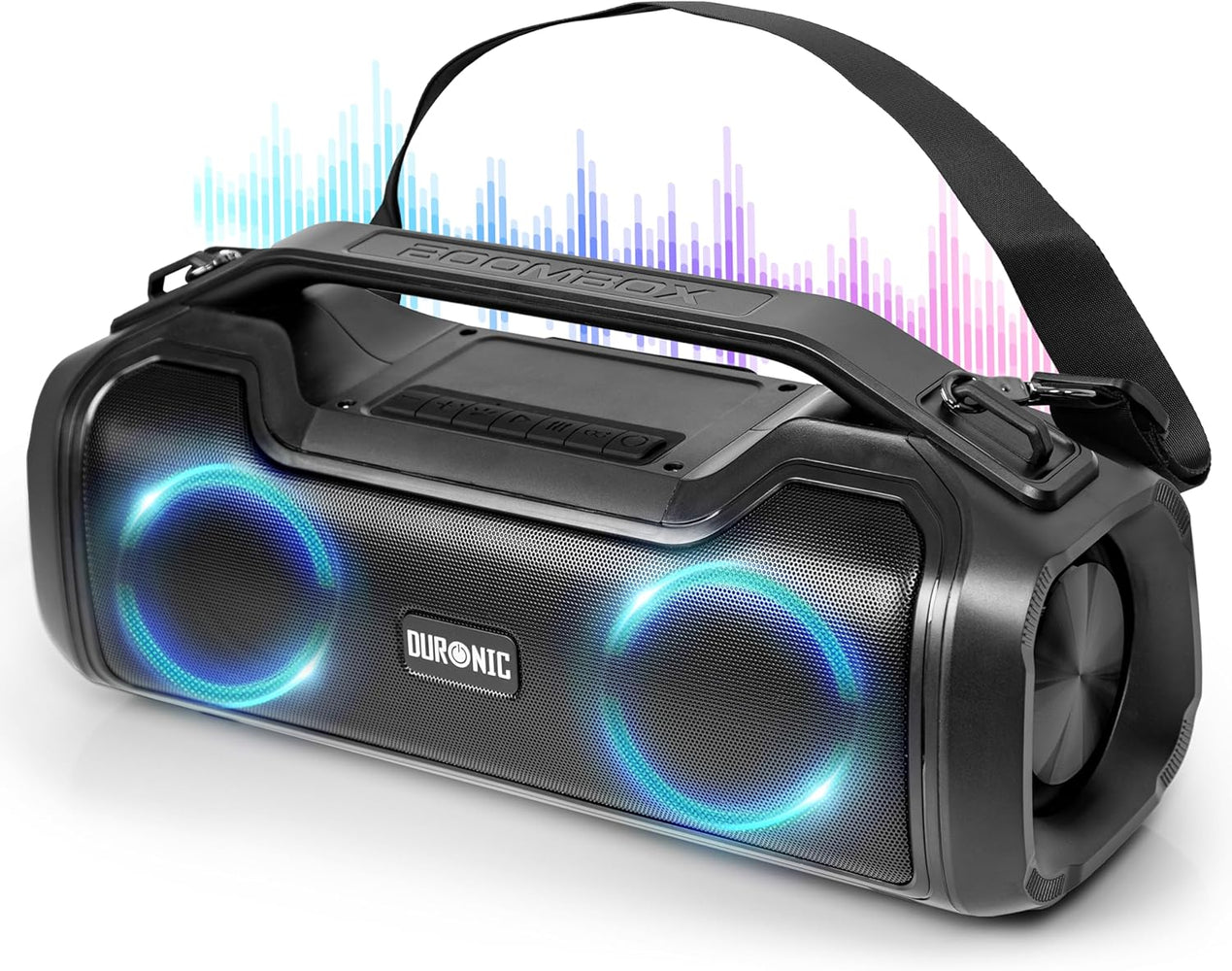 Duronic BX48 Tragbarer Bluetooth-Lautsprecher | Wireless Boombox mit RGB-Lichtern | IPX5 Spritzwassergeschützt | Extremer Sound | 4,5 Stunden Spielzeit | AUX/USB/TWS Kompatibel | MicroSD bis 32GB