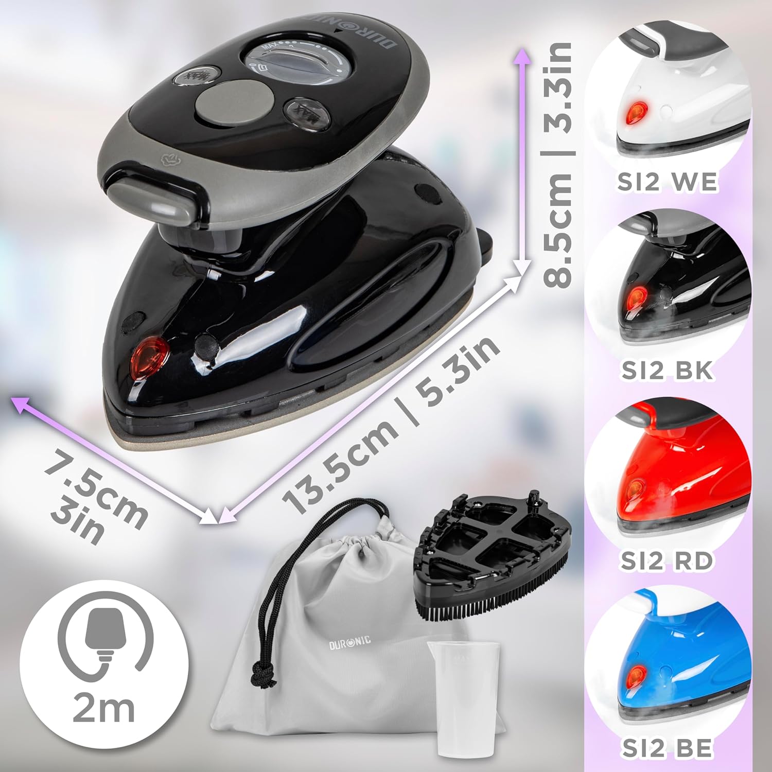 Duronic SI2 BK Mini Reisebügeleisen, 375W Mini Bügeleisen, Dampfbügeleisen 50ml Wassertank, kleines Reisebügeleisen dampf, Handbügeleisen Keramikfläche, für Kleidung nähen, travel iron schwarz