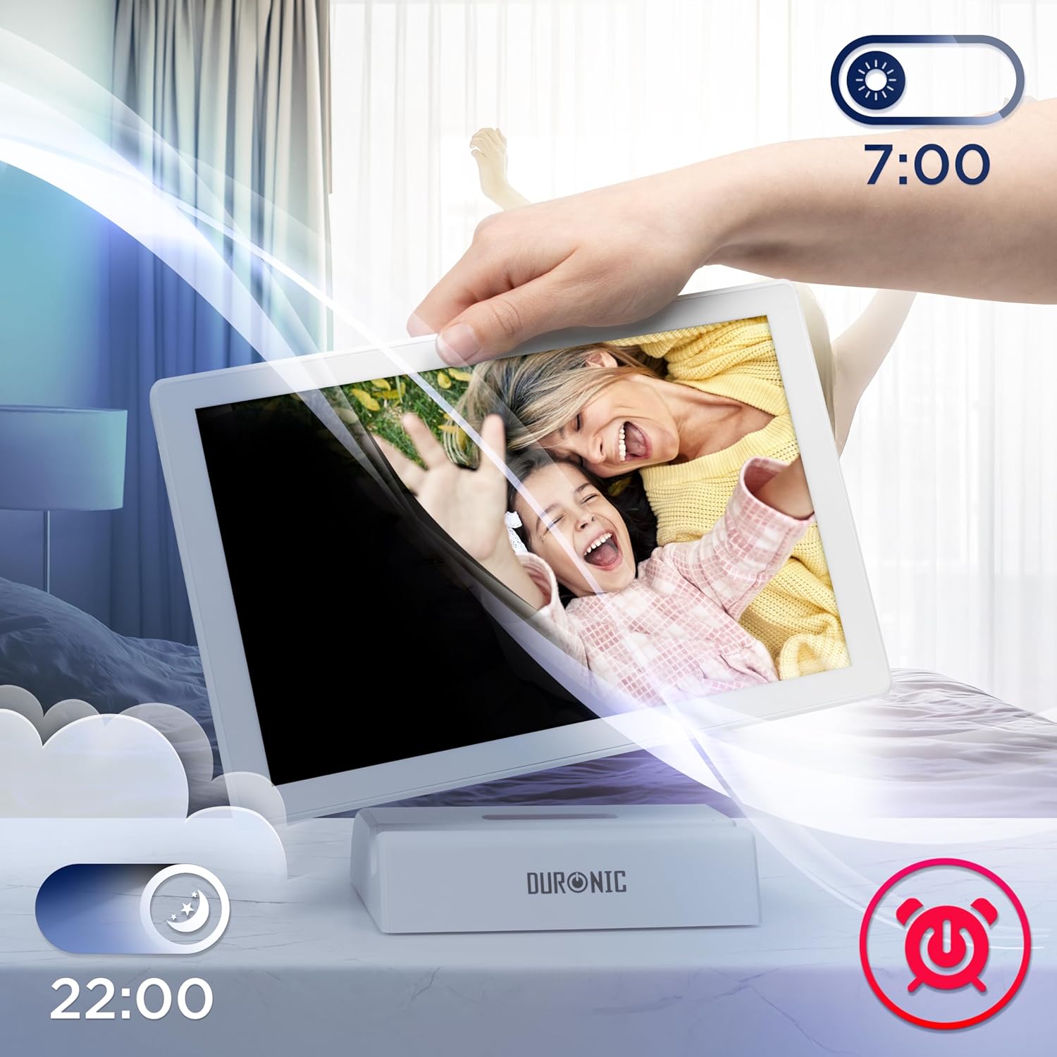 Duronic PF1D WE digitaler Bilderrahmen, Frameo WiFi Bilderrahmen mit 32GB Speicher, Weißer Bilderrahmen mit Dockingstation, 10 Zoll Display und 800 x 1280 IPS Auflösung, Vertikal und Horizontal