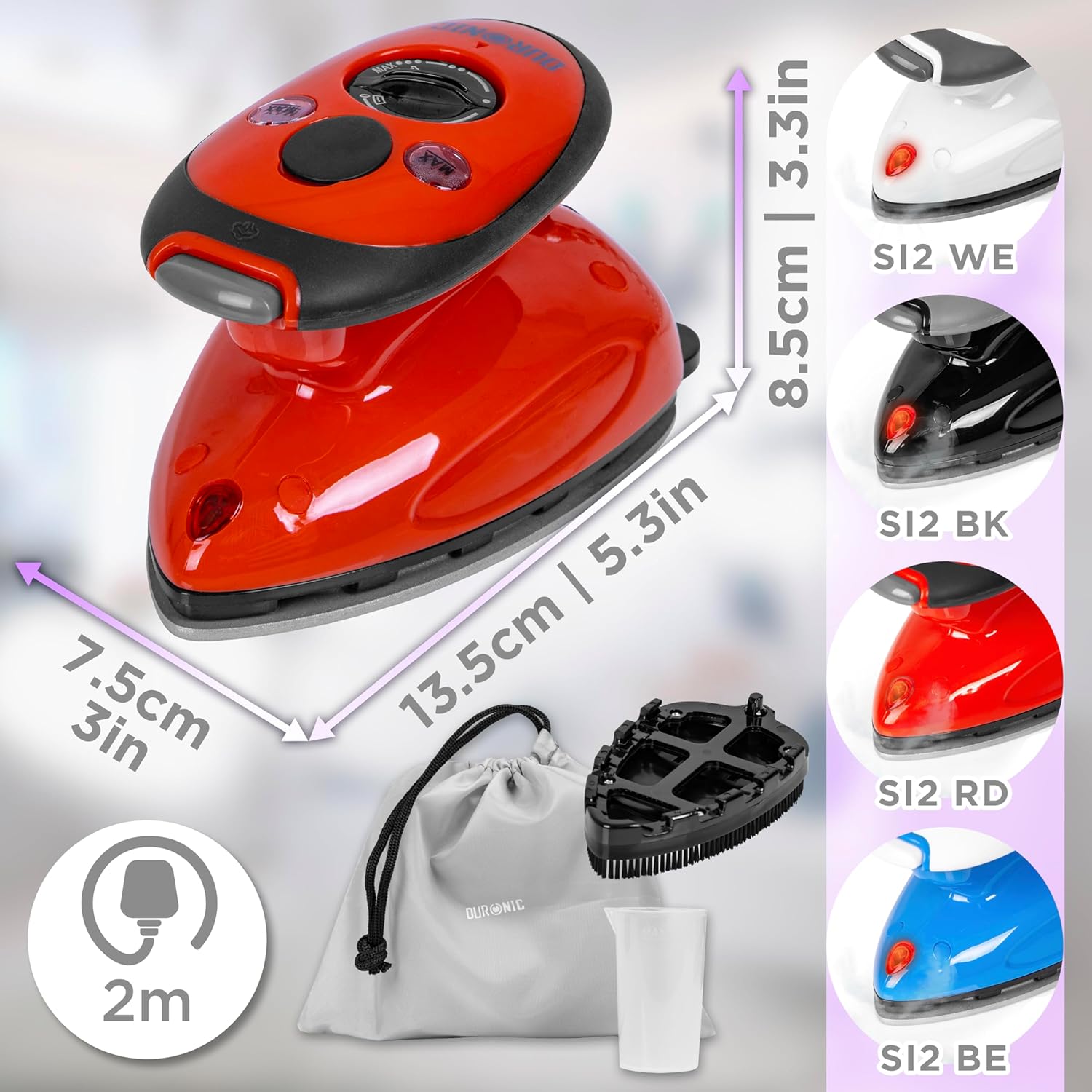 Duronic SI2 RD Mini Reisebügeleisen, 375W Mini Bügeleisen, Dampfbügeleisen 50ml Wassertank, kleines Reisebügeleisen dampf, Handbügeleisen Keramikfläche, für Kleidung nähen, travel iron rot