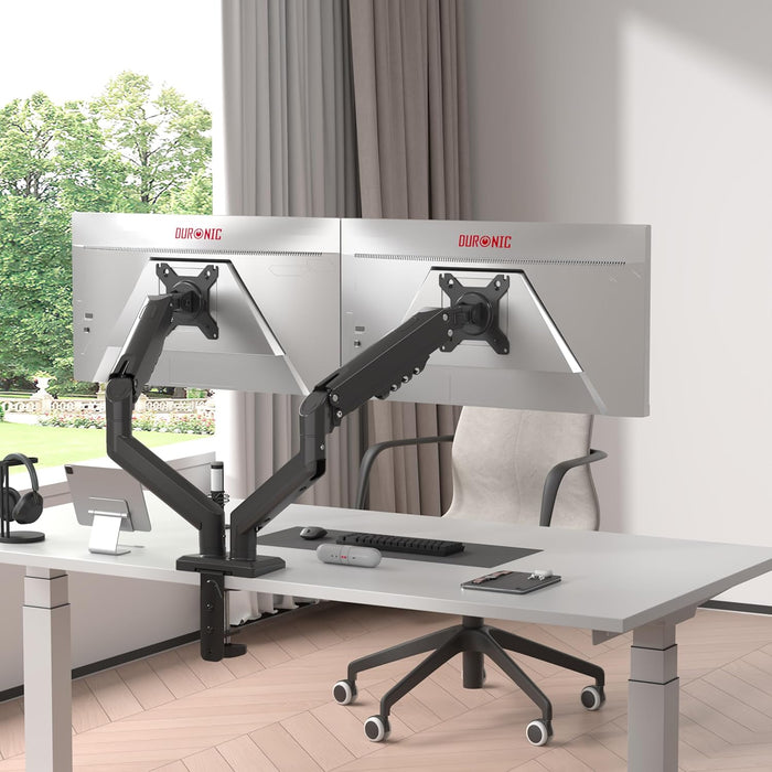 Duronic DM6A2 Dual Monitorhalterung mit Gasfeder, Monitorarme schwenkbar neigbar drehbar für Zwei 32 Zoll Gaming Monitore, VESA 75/100, Tischhalterung