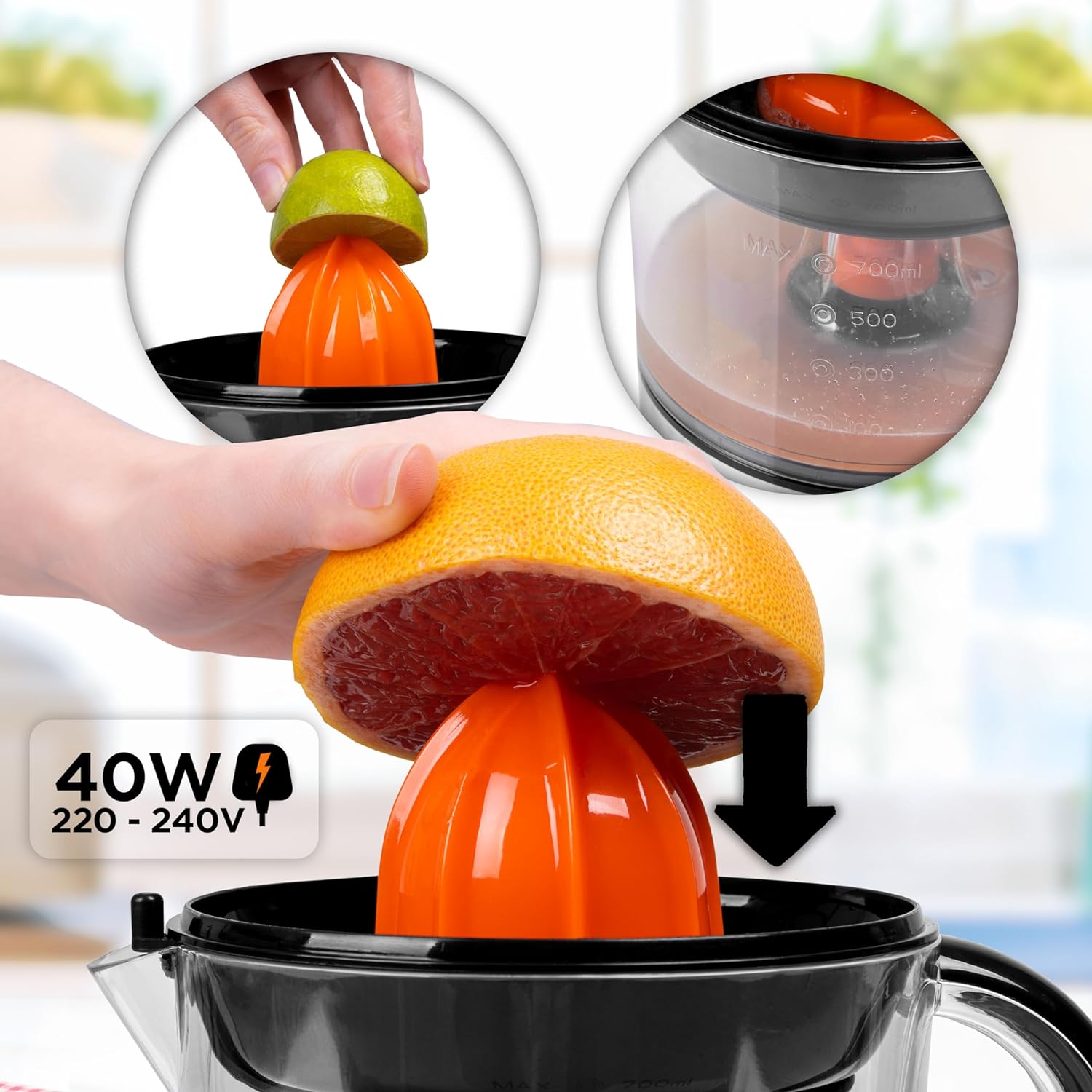 Duronic JE407 Saftpresse elektrisch 40W, Zitronenpresse 700ml, Zitruspresse 2 Kegel, Orangenpresse hohe Saftgewinnung, Edelstahl Fruchtpresse mit Sieb, Citrus juicer, Orangensaftpresse Limetten-presse