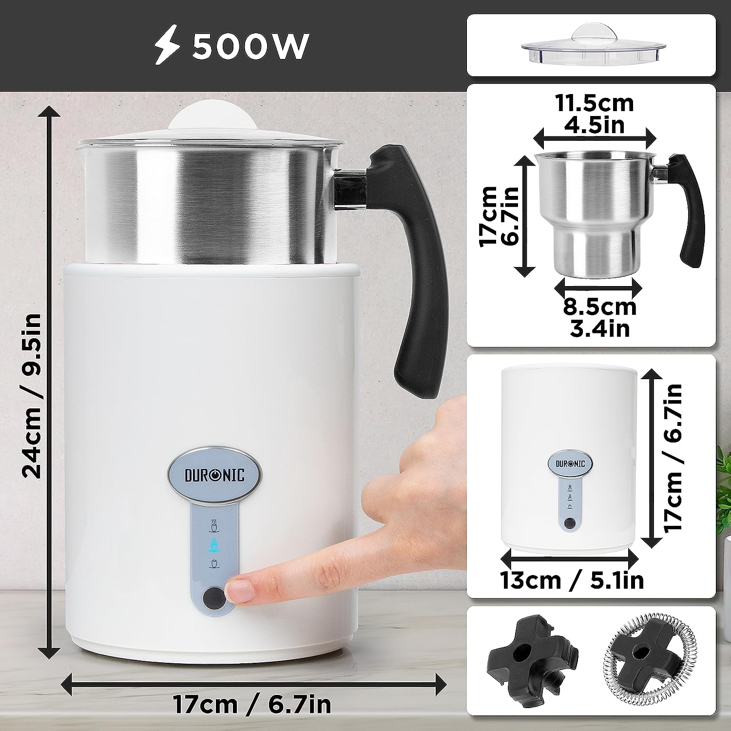 Duronic MF500 WE elektrischer Milchaufschäumer, 500 ml Behälter Milchaufschäumer Induktion, automatischer Milchschäumer, heißer und kalter Milchschaum für Kaffee, Latte, Cappuccino und Kakao, Weiß