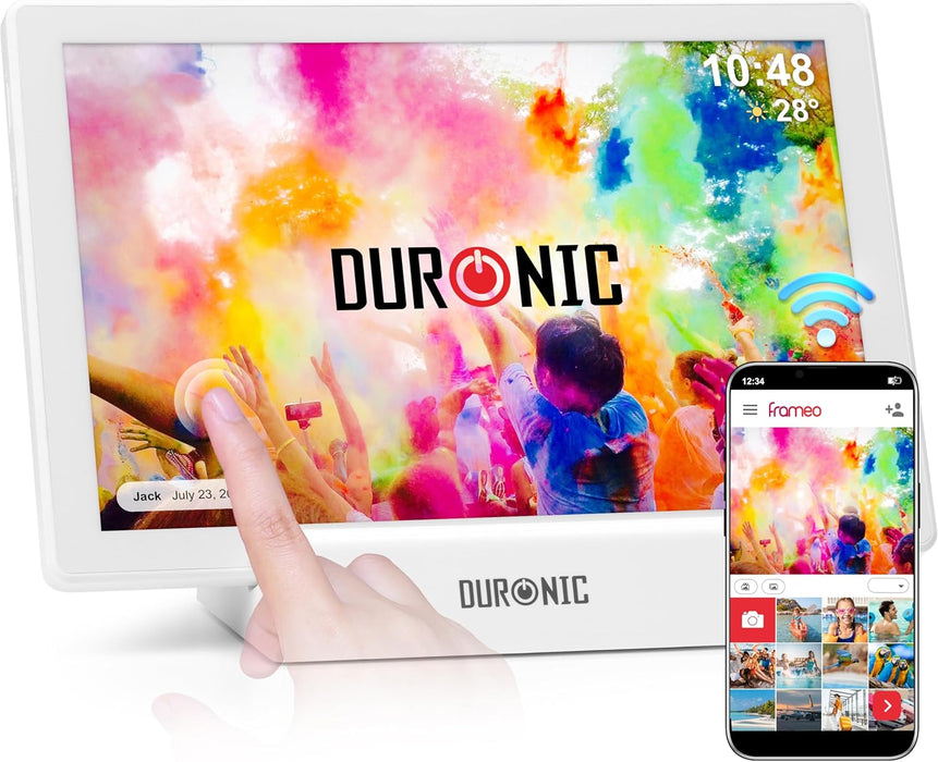 Duronic PF1D WE digitaler Bilderrahmen, Frameo WiFi Bilderrahmen mit 32GB Speicher, Weißer Bilderrahmen mit Dockingstation, 10 Zoll Display und 800 x 1280 IPS Auflösung, Vertikal und Horizontal