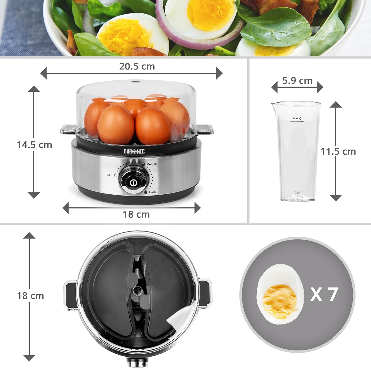 Duronic EB40 BK Eierkocher, Eierkocher für 7 Eier, 400 Watt Eierkocher, Härtegrad von weich bis hart, Überhitzungsschutz und Timer, Eierkocher mit Messbecher und Eipick, Frühstücksei für Familie