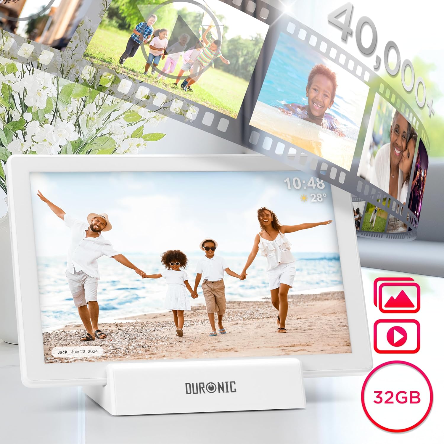 Duronic PF1D WE digitaler Bilderrahmen, Frameo WiFi Bilderrahmen mit 32GB Speicher, Weißer Bilderrahmen mit Dockingstation, 10 Zoll Display und 800 x 1280 IPS Auflösung, Vertikal und Horizontal