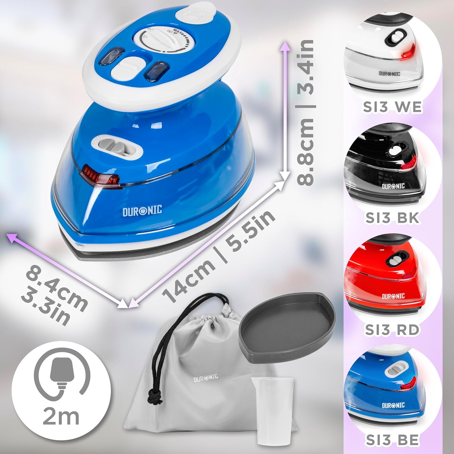 Duronic SI3 BE Mini Reisebügeleisen, 400W Mini Bügeleisen, Dampfbügeleisen 35ml Wassertank, kleines Reisebügeleisen dampf, Handbügeleisen Keramikfläche, für Kleidung nähen, 2 Betriebsspannungen