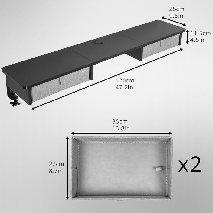 Duronic DD3 BK Monitorständer, breites Schreibtisch Regal 120 x 25 x 11,5 cm, Schreibtischaufsatz mit XXL Schubladen, Monitorerhöhung für 2 Monitore, rutschfeste Tischklemmen, Gaming Home Office