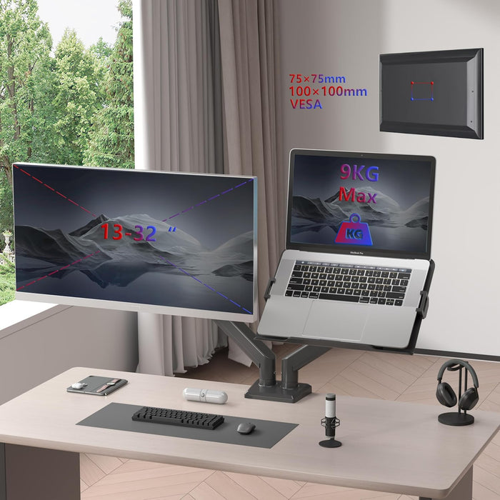 Duronic DM6AL1 Dual Monitorhalterung mit Gasfeder, Monitorarme schwenkbar neigbar drehbar für 32 Zoll Monitor und Laptop, VESA 75/100, Tischhalterung