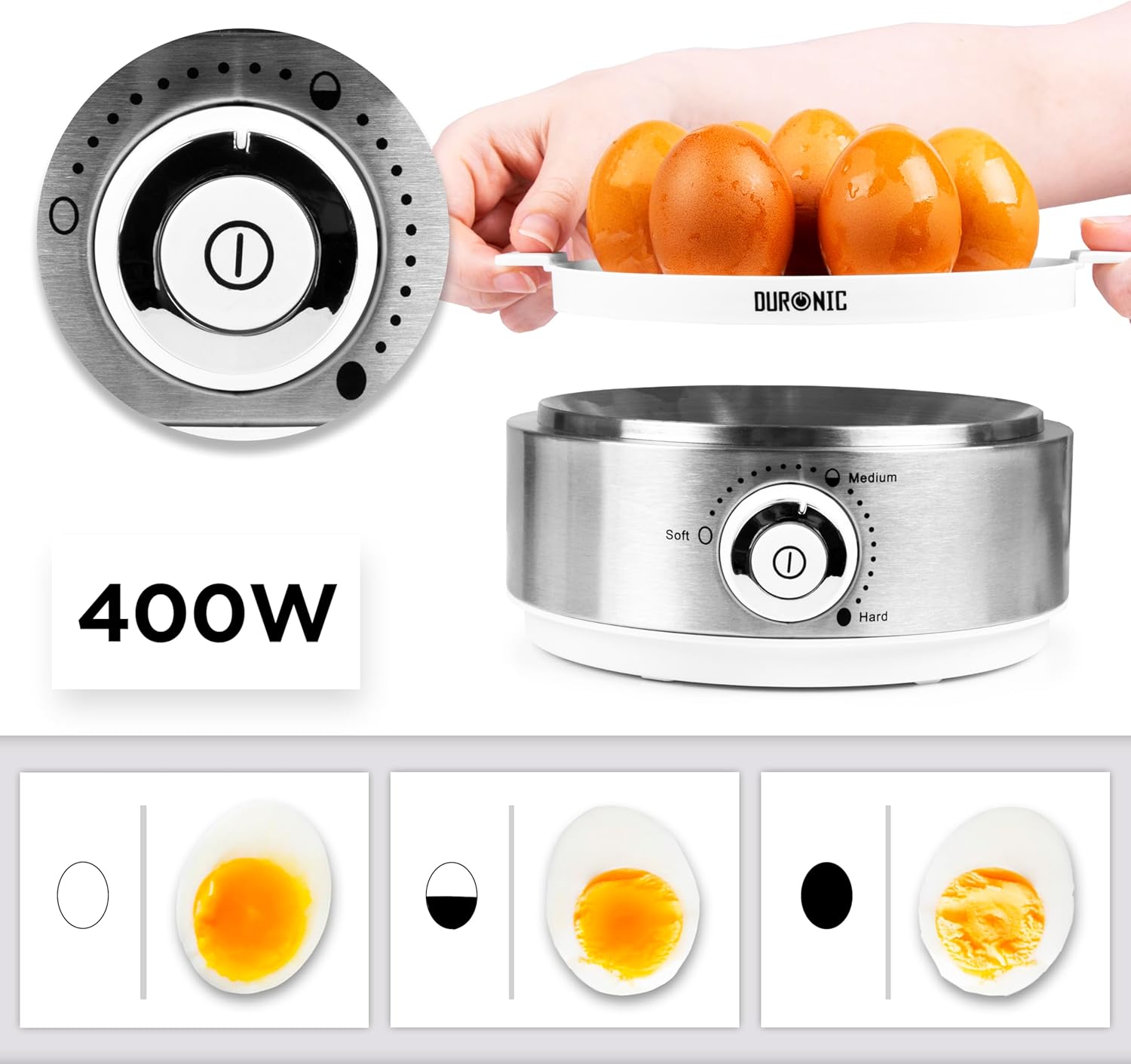 Duronic EB40 WE Eierkocher, Eierkocher für 7 Eier, 400 Watt Eierkocher, Härtegrad von weich bis hart, Überhitzungsschutz und Timer, Eierkocher mit Messbecher und Eipick, Frühstücksei für Familie