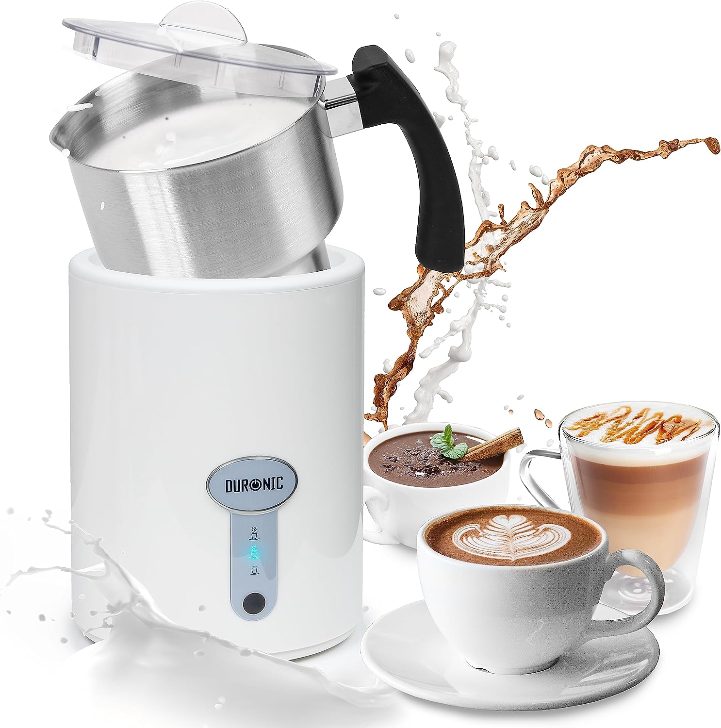 Duronic MF500 WE elektrischer Milchaufschäumer, 500 ml Behälter Milchaufschäumer Induktion, automatischer Milchschäumer, heißer und kalter Milchschaum für Kaffee, Latte, Cappuccino und Kakao, Weiß