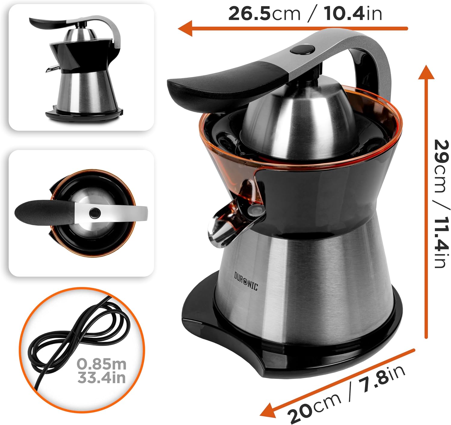 Duronic JE304 Saftpresse elektrisch 300W, Zitronenpresse 400ml, Zitruspresse 2 Kegel, Orangenpresse, hohe Saftgewinnung, Edelstahl Fruchtpresse mit Sieb, Citrus juicer, Orangensaftpresse