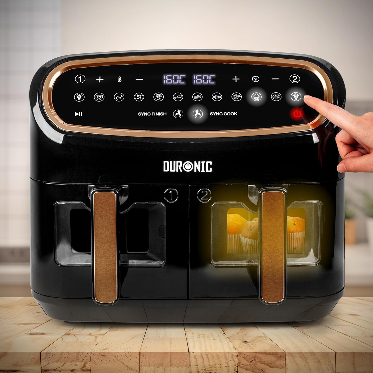 Duronic AF34 BG Dual Air Fryer, Doppel Heißluftfritteuse mit extragroßer Schublade, HLF Heißluftfriteuse für Süßkartoffel Pommes, Frittieren ohne Öl