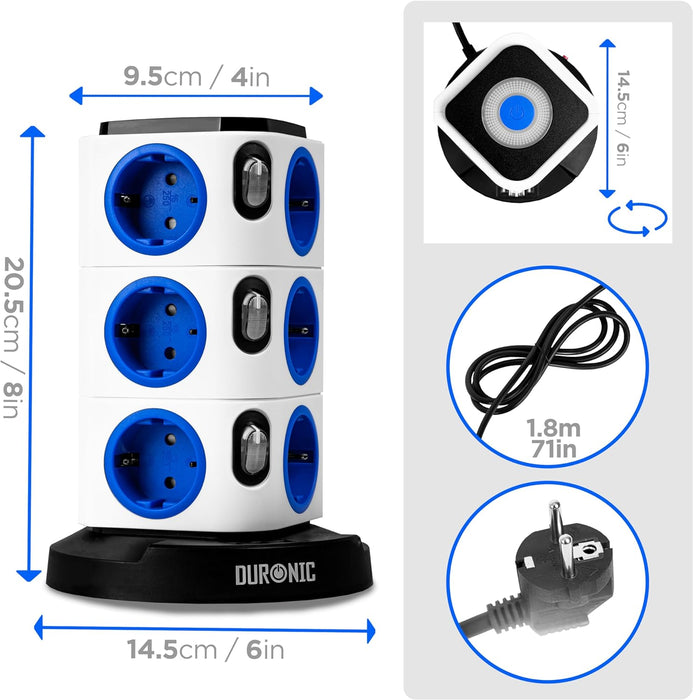 Duronic ET12L Mehrfachsteckdose | Steckdosenwürfel mit 3 USB Ports und touch-sensitives Nachtlicht | 12-Fach Steckdose 3680W 16A | Steckdosenleiste mit Überspannungsschutz | Steckerturm mit 1,8m Kabel