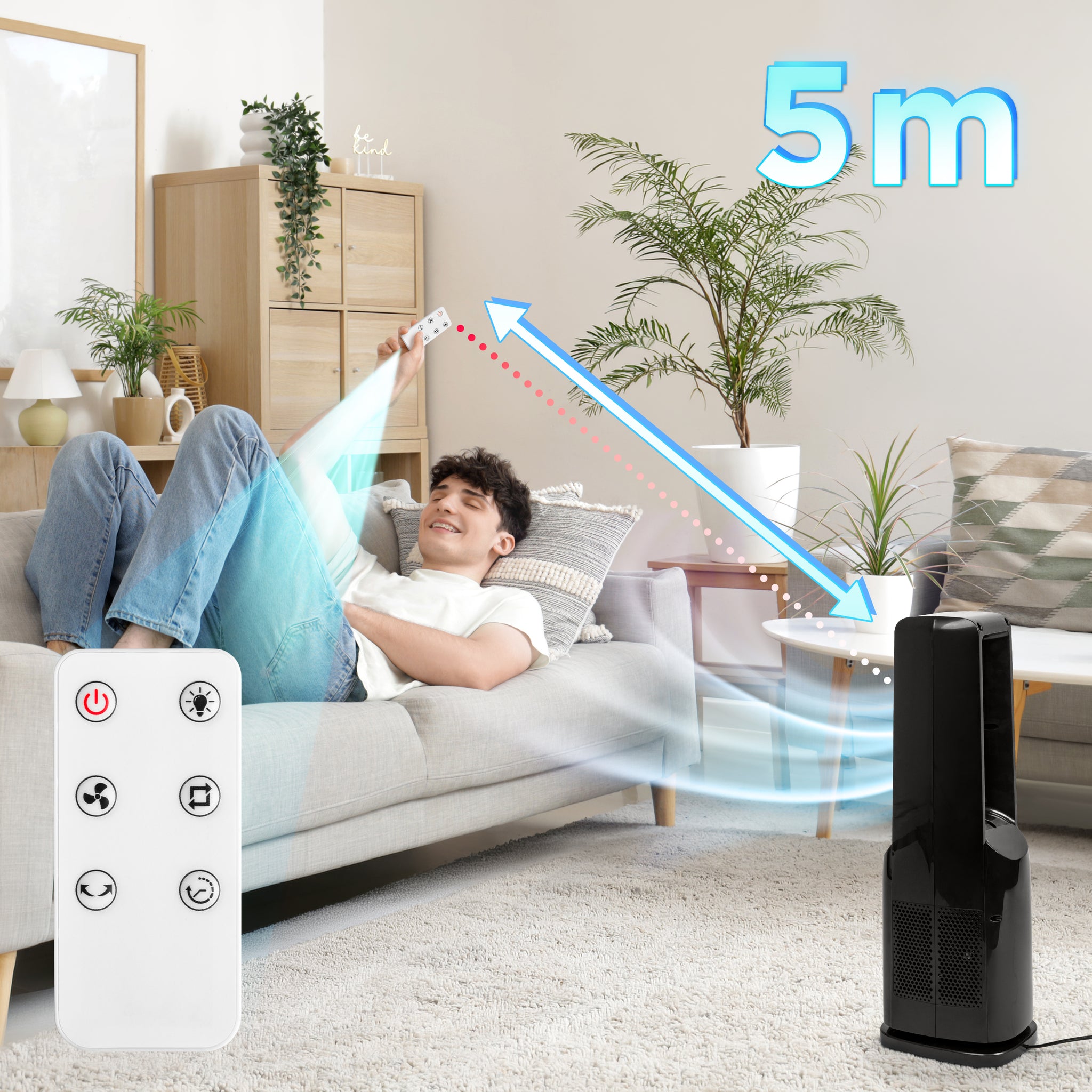 Duronic FN72 BK Turmventilator, Ventilator ohne Propeller, mit Fernbedienung | 3 Geschwindigkeiten, Turmkühler mit 60W, 3 Windmodi, Oszillation für gute Luftzirkulation, Windmaschine mit Timer Funktion