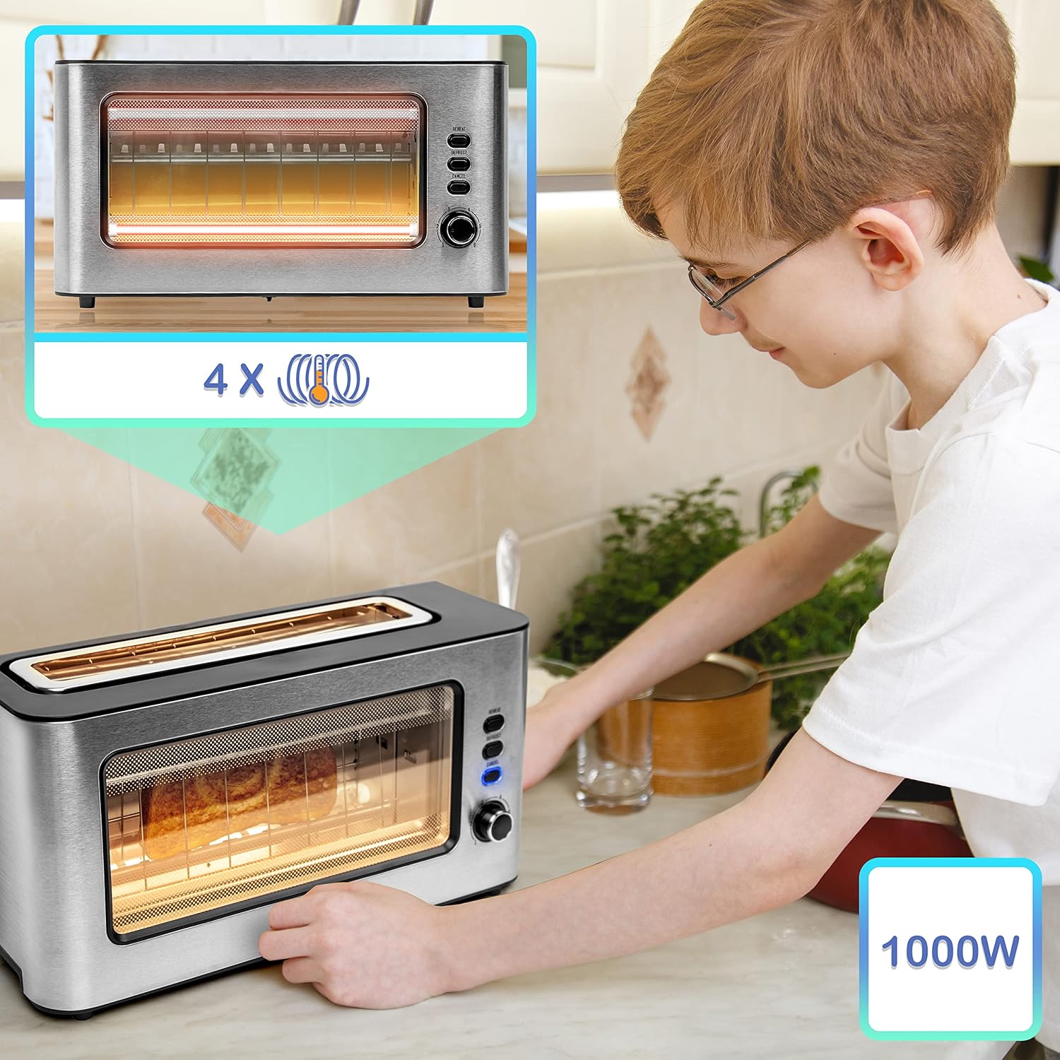 Duronic TB10 Toaster | Automatischer Toaster mit Fenster und großem Toastschlitz | Gebürsteter Edelstahl | Für Sandwichtoast geeignet | Toasten, Auftauen und Erwärmen | 6 Stufen | Krümelfach | 1000 W