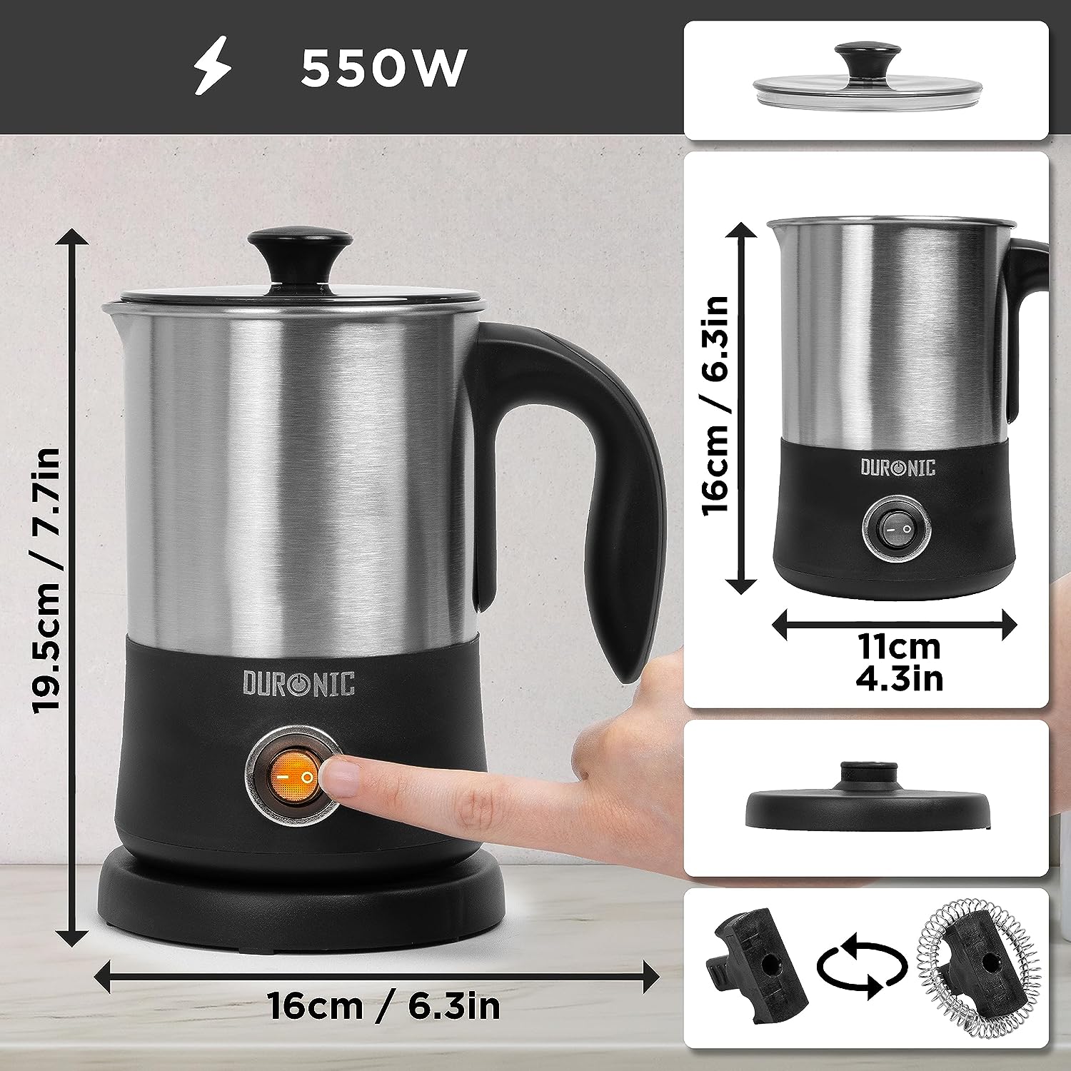 Duronic MF300 elektrischer Milchaufschäumer, 400ml Behälter Milchaufschäumer Induktion, automatischer Milchschäumer, heißer und kalter Milchschaum für Kaffee, Cappuccino, Latte und Kakao, Edelstahl