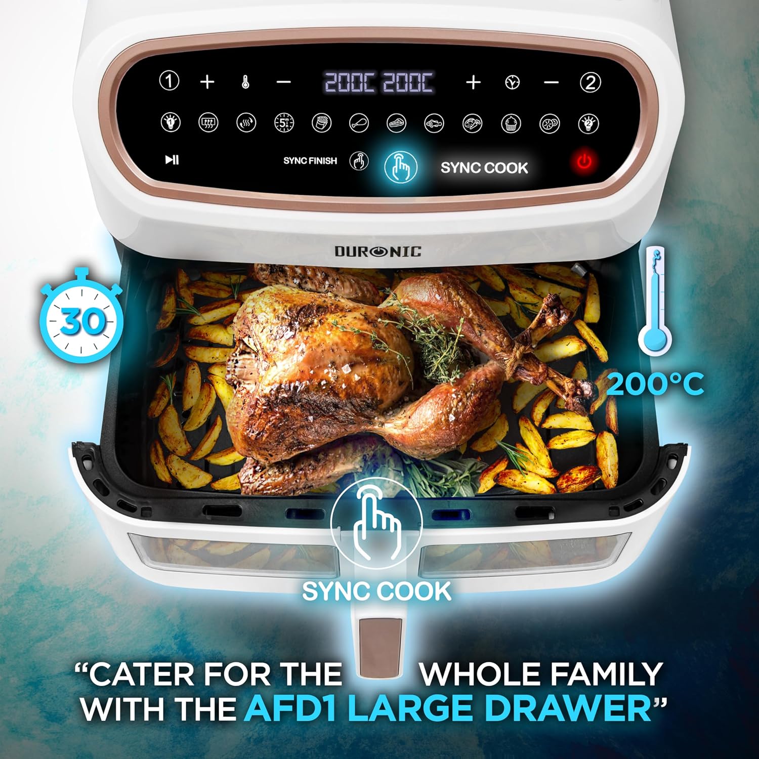 Duronic AF34 WG Heißluftfritteuse mit Sichtfenster | XXL Doppel Air fryer mit 2 Kammern 10 L | 2400 W Dual Zone Air Fryer | HLF mit 10 Programme | Inklusive großer Frittierkorb | Touchscreen Fritteuse