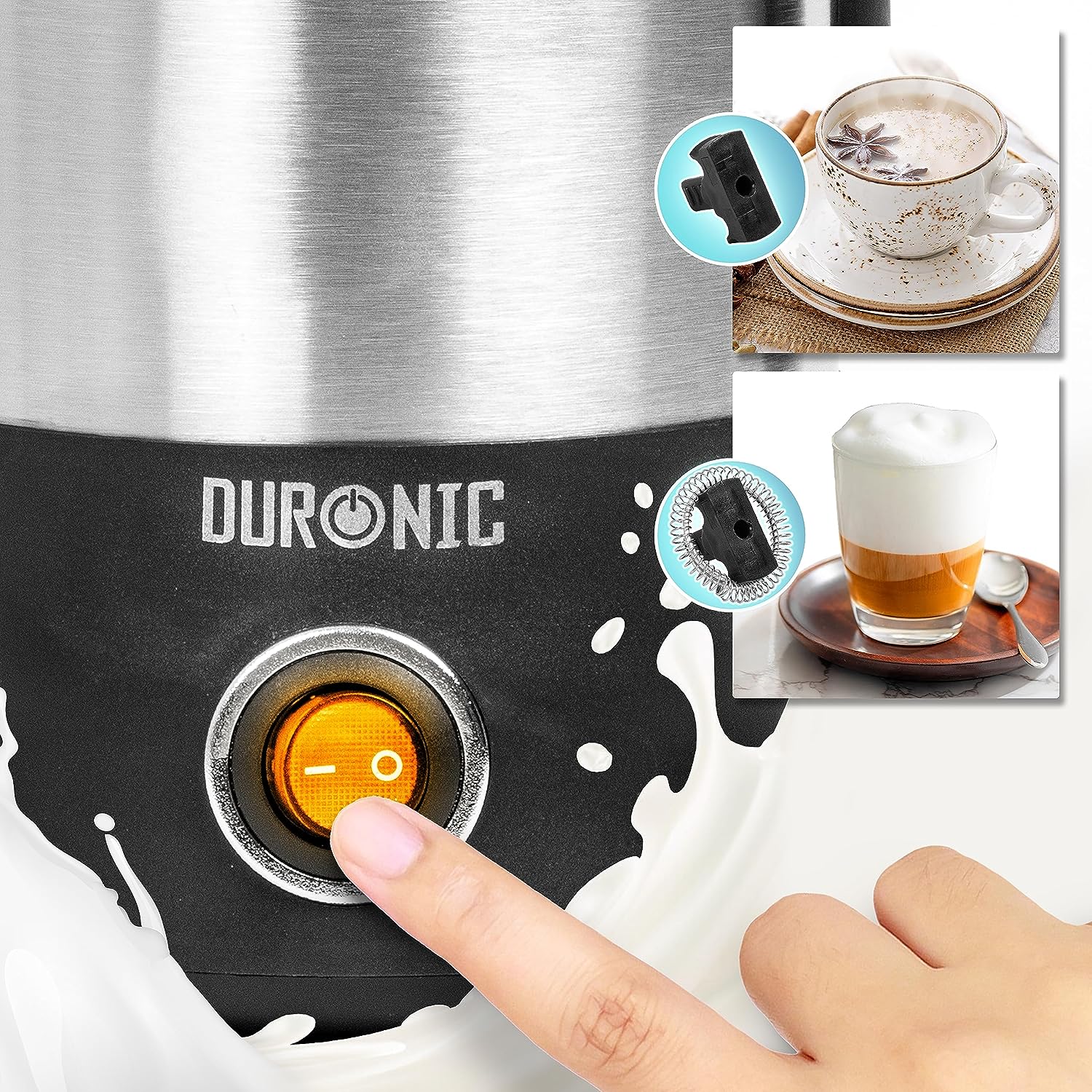 Duronic MF300 elektrischer Milchaufschäumer, 400ml Behälter Milchaufschäumer Induktion, automatischer Milchschäumer, heißer und kalter Milchschaum für Kaffee, Cappuccino, Latte und Kakao, Edelstahl