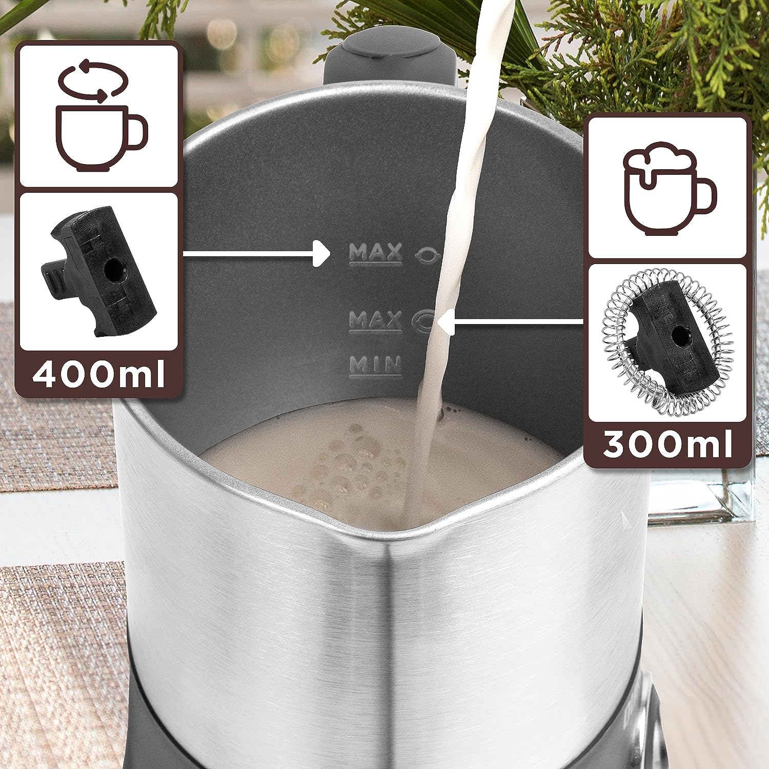 Duronic MF300 elektrischer Milchaufschäumer, 400ml Behälter Milchaufschäumer Induktion, automatischer Milchschäumer, heißer und kalter Milchschaum für Kaffee, Cappuccino, Latte und Kakao, Edelstahl