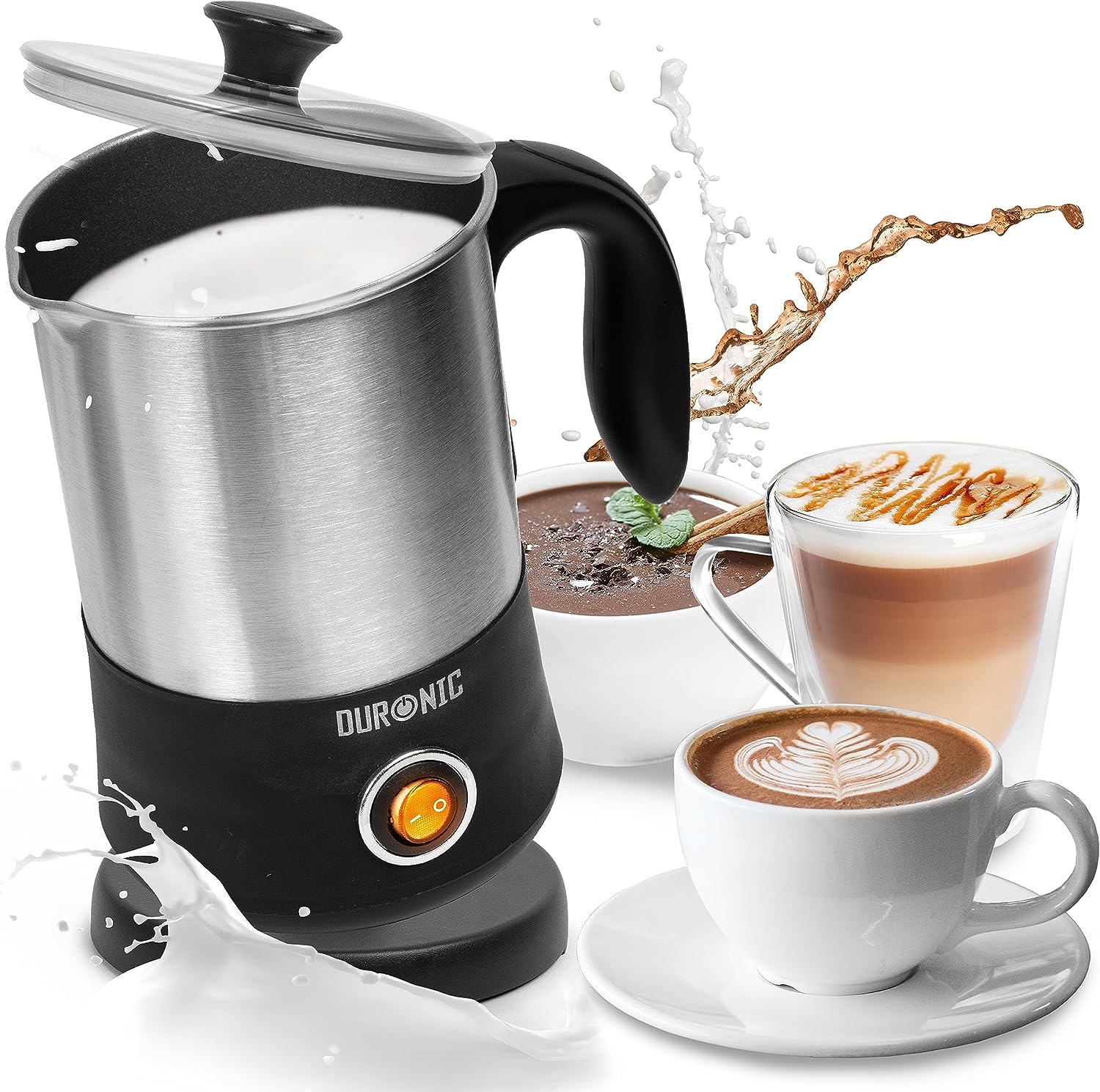 Duronic MF300 elektrischer Milchaufschäumer, 400ml Behälter Milchaufschäumer Induktion, automatischer Milchschäumer, heißer und kalter Milchschaum für Kaffee, Cappuccino, Latte und Kakao, Edelstahl