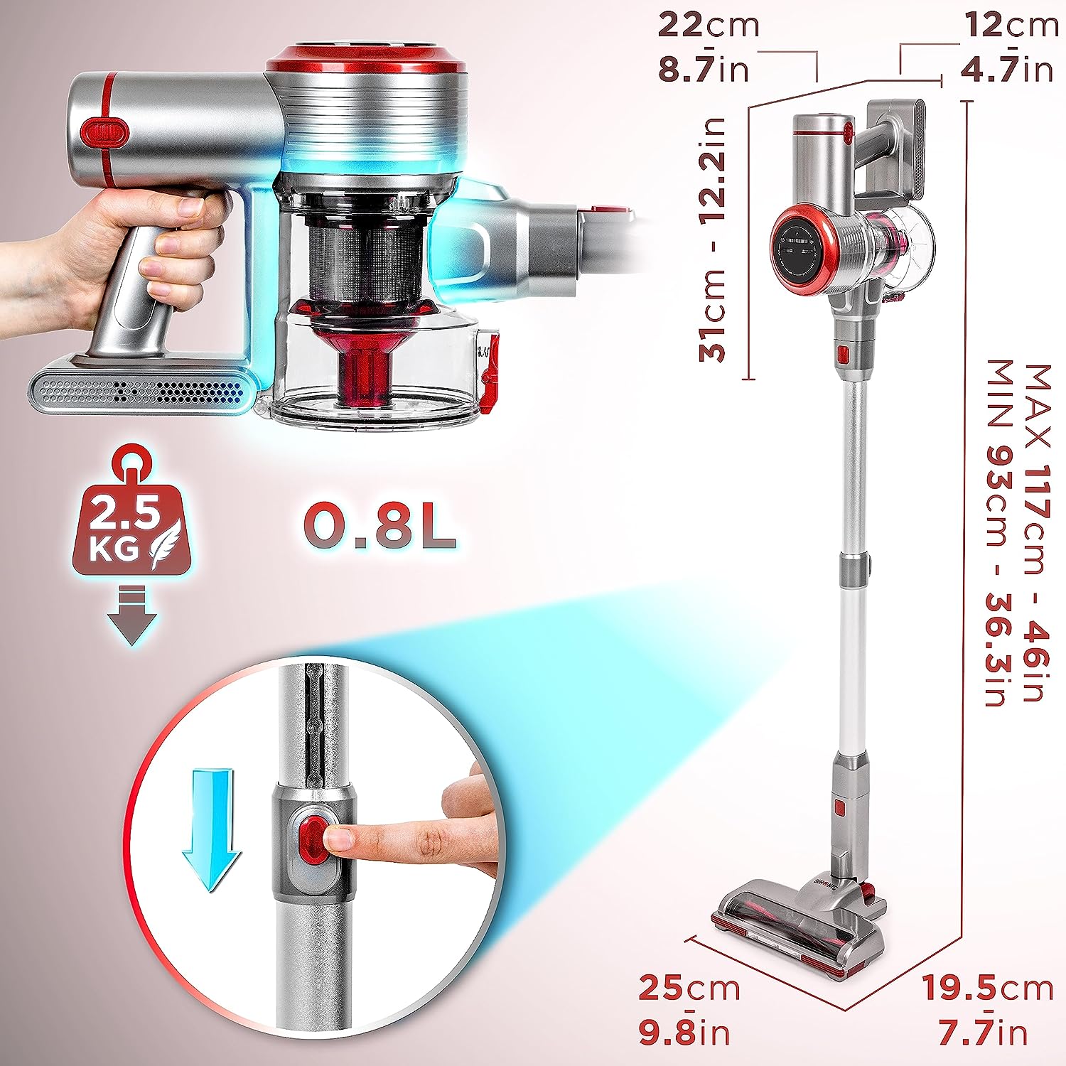 Duronic VC24 Akku Staubsauger, Akkusauger kabellos, Handstaubsauger 50 Min Laufzeit, Staubsauger mit LED Bodenbürste, Stielstaubsauger freistehend, für Allergiker, Tierhaare und Hartböden, 1 Akku