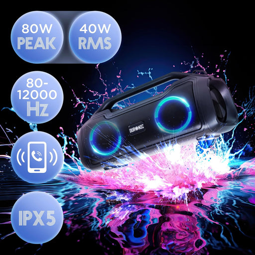 Duronic BX48 Tragbarer Bluetooth-Lautsprecher | Wireless Boombox mit RGB-Lichtern | IPX5 Spritzwassergeschützt | Extremer Sound | 4,5 Stunden Spielzeit | AUX/USB/TWS Kompatibel | MicroSD bis 32GB