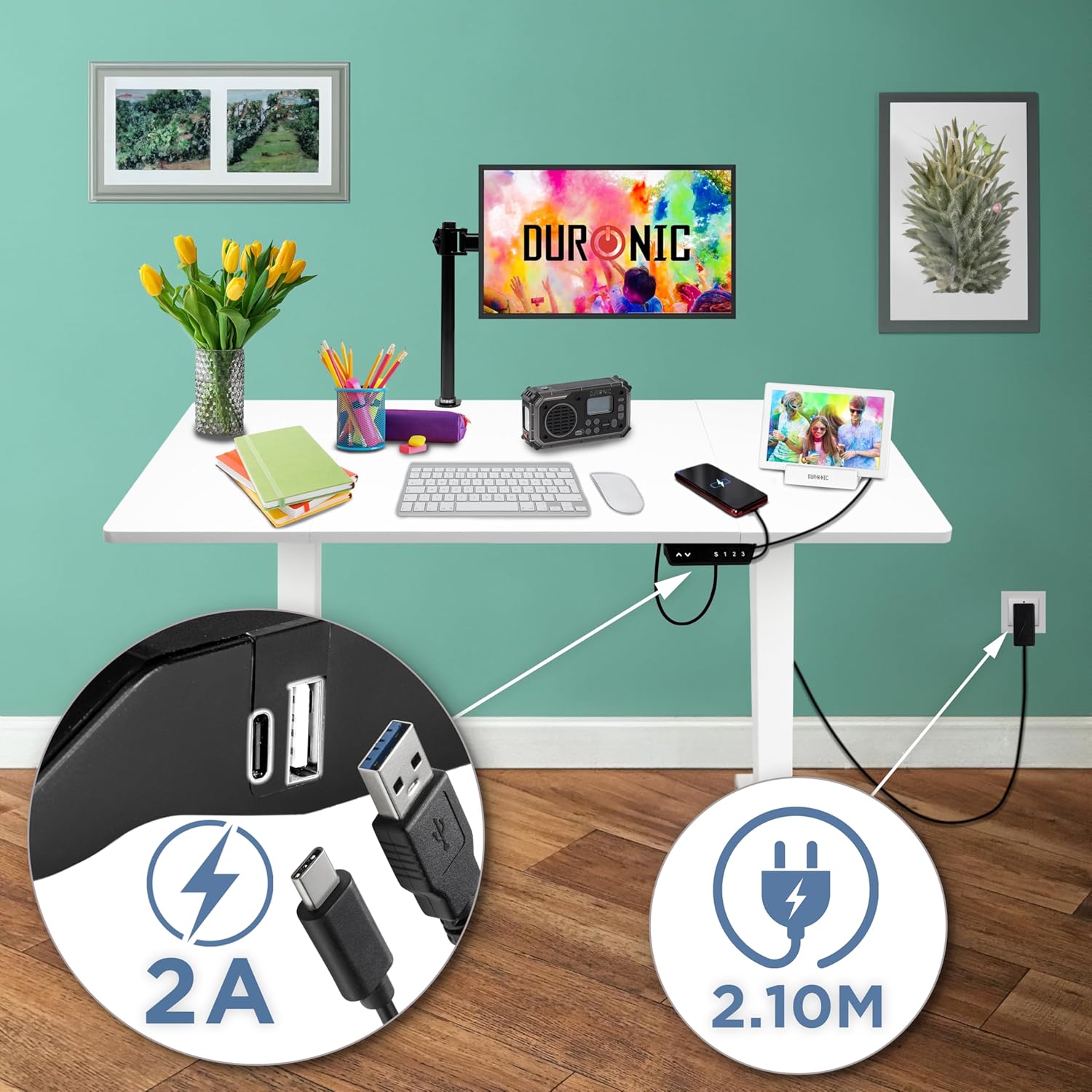 CD120 WE höhenverstellbarer Schreibtisch USB Anschluss Kabellänge