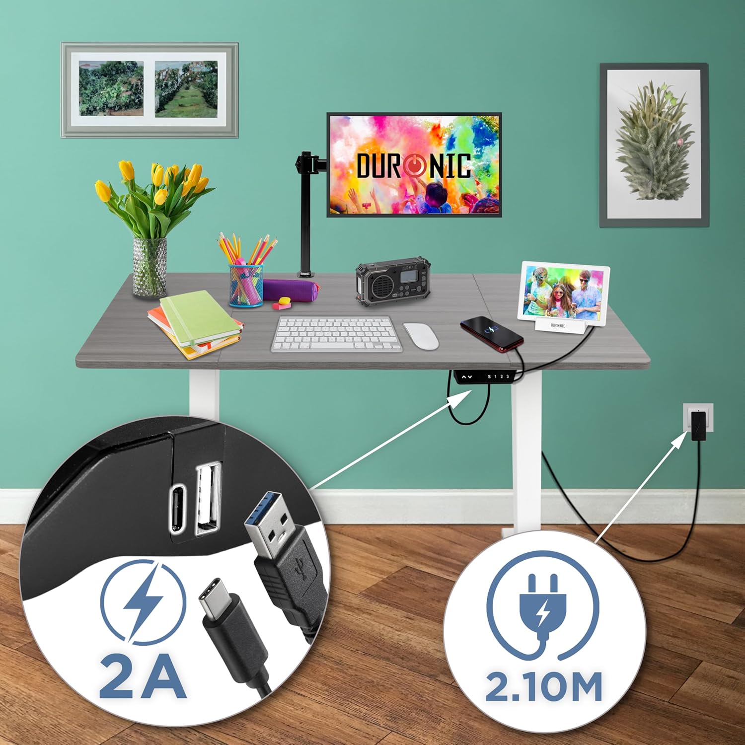 CD120 WG höhenverstellbarer Schreibtisch USB Anschluss Kabellänge