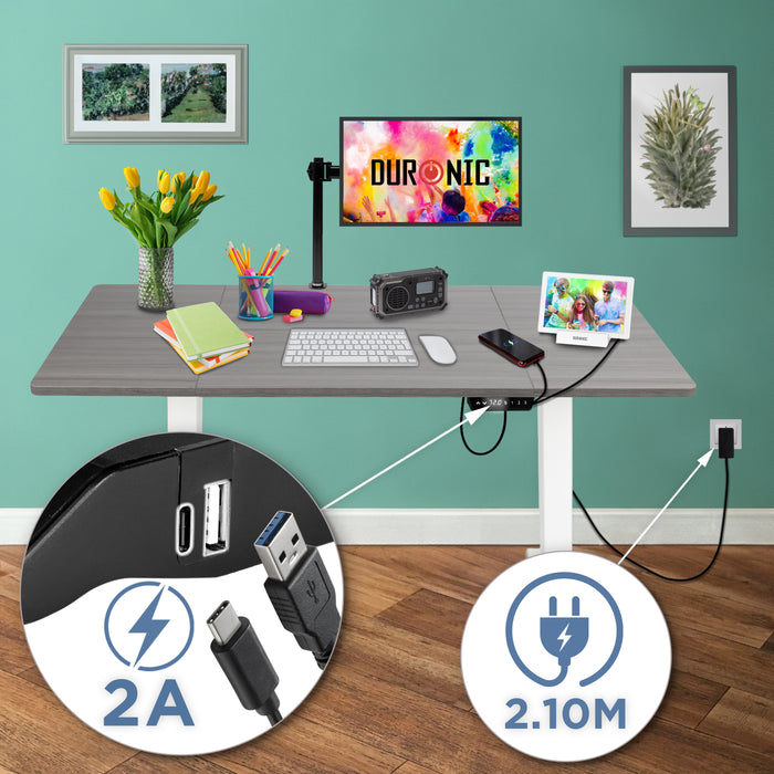 Duronic CD140 WG Höhenverstellbarer Schreibtisch, Computertisch für Büro und Gaming, elektrischer Schreibtisch mit USB Port, 140 x 60 cm Sitz-Steh-Schreibtisch, Höhenverstellbar von 72 bis 118 cm