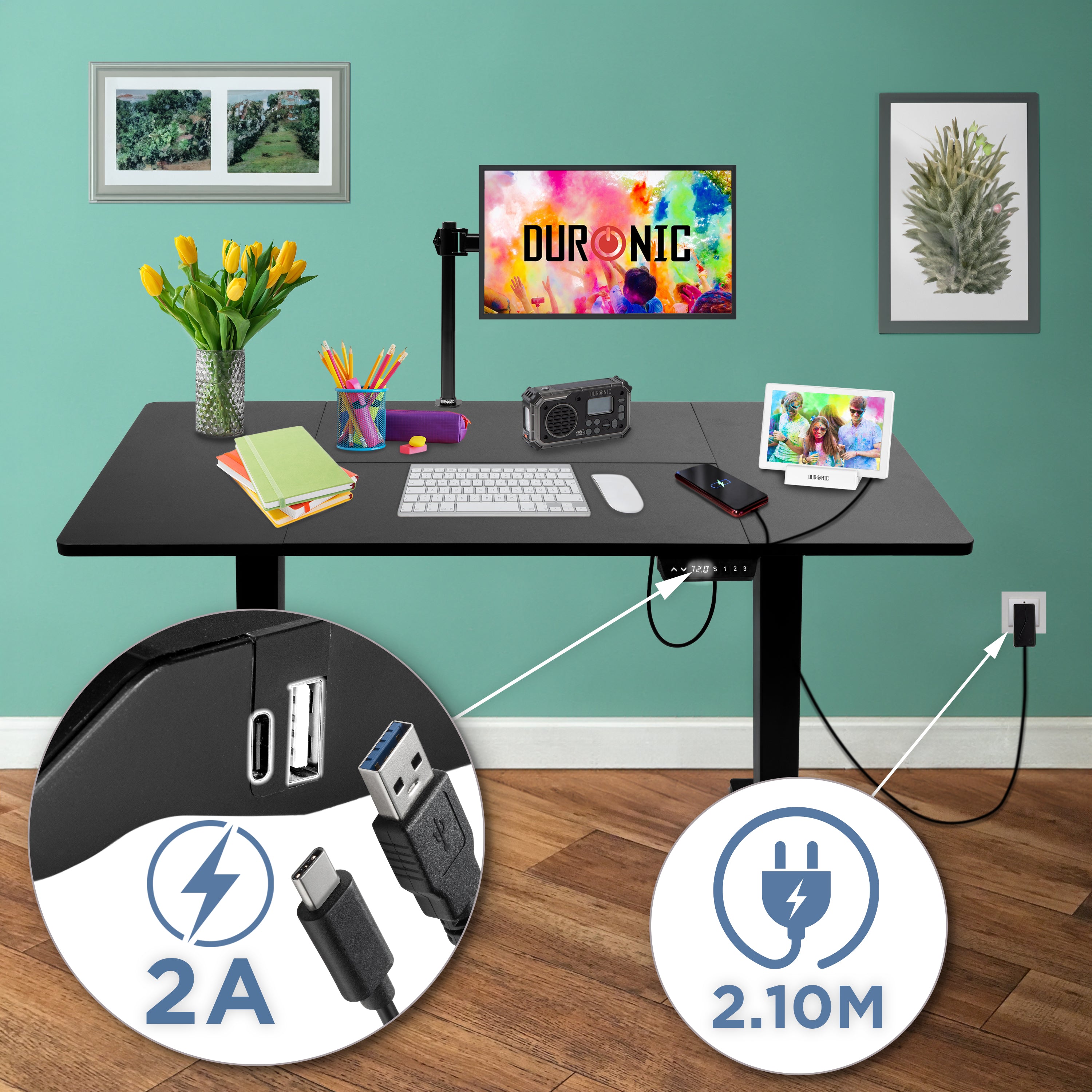 CD140 BK höhenverstellbarer Schreibtisch USB Anschluss Kabellänge