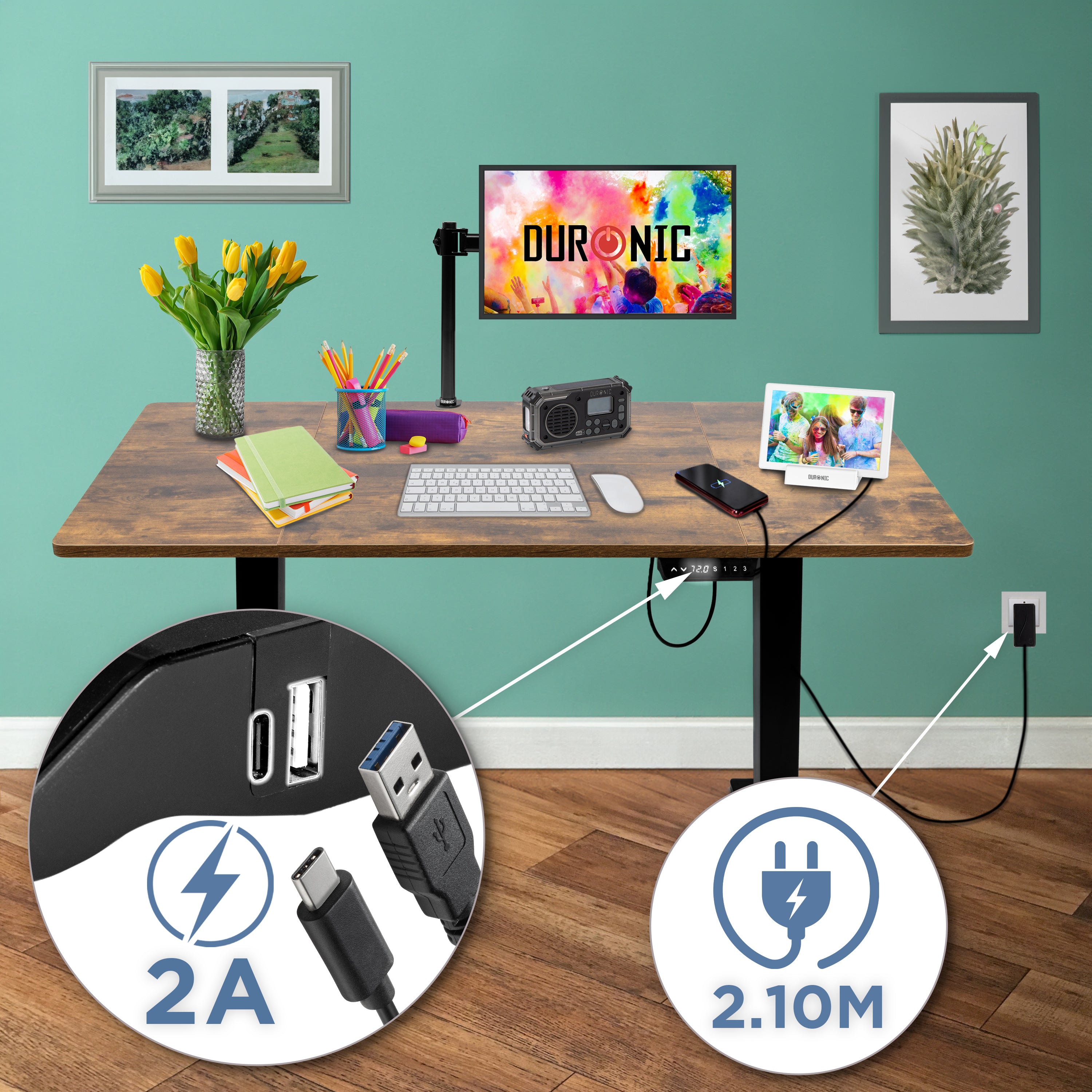 CD140 BO höhenverstellbarer Schreibtisch USB Anschluss Kabellänge