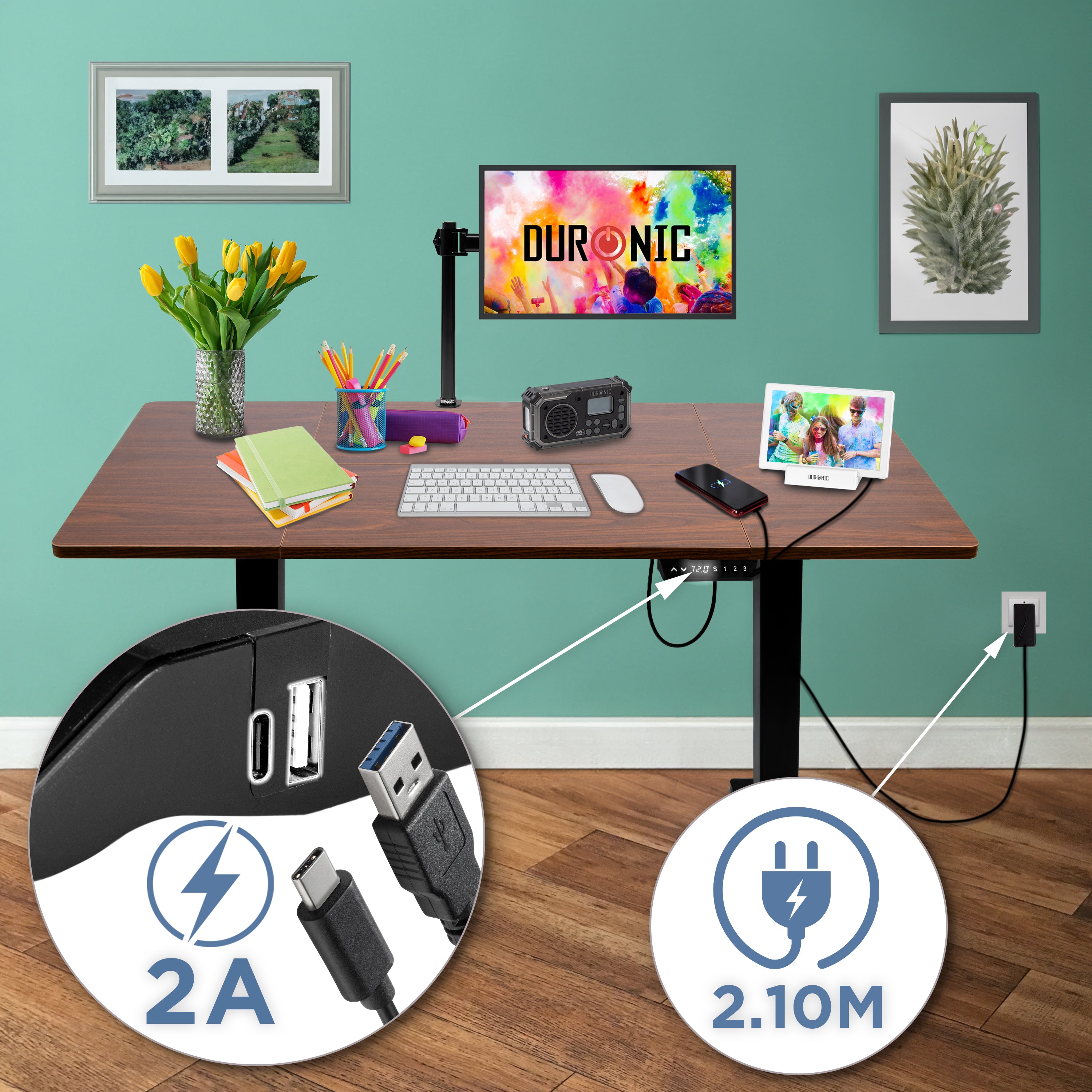 CD140 BT höhenverstellbarer Schreibtisch USB Anschluss Kabellänge