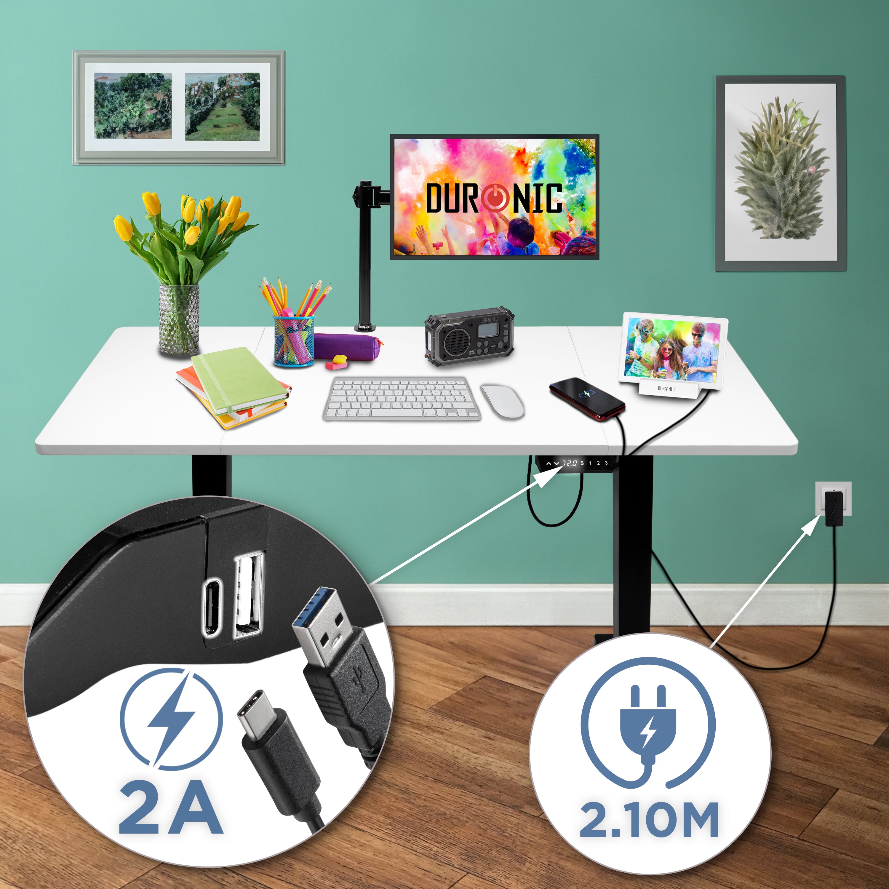 CD140 BW höhenverstellbarer Schreibtisch USB Anschluss Kabellänge