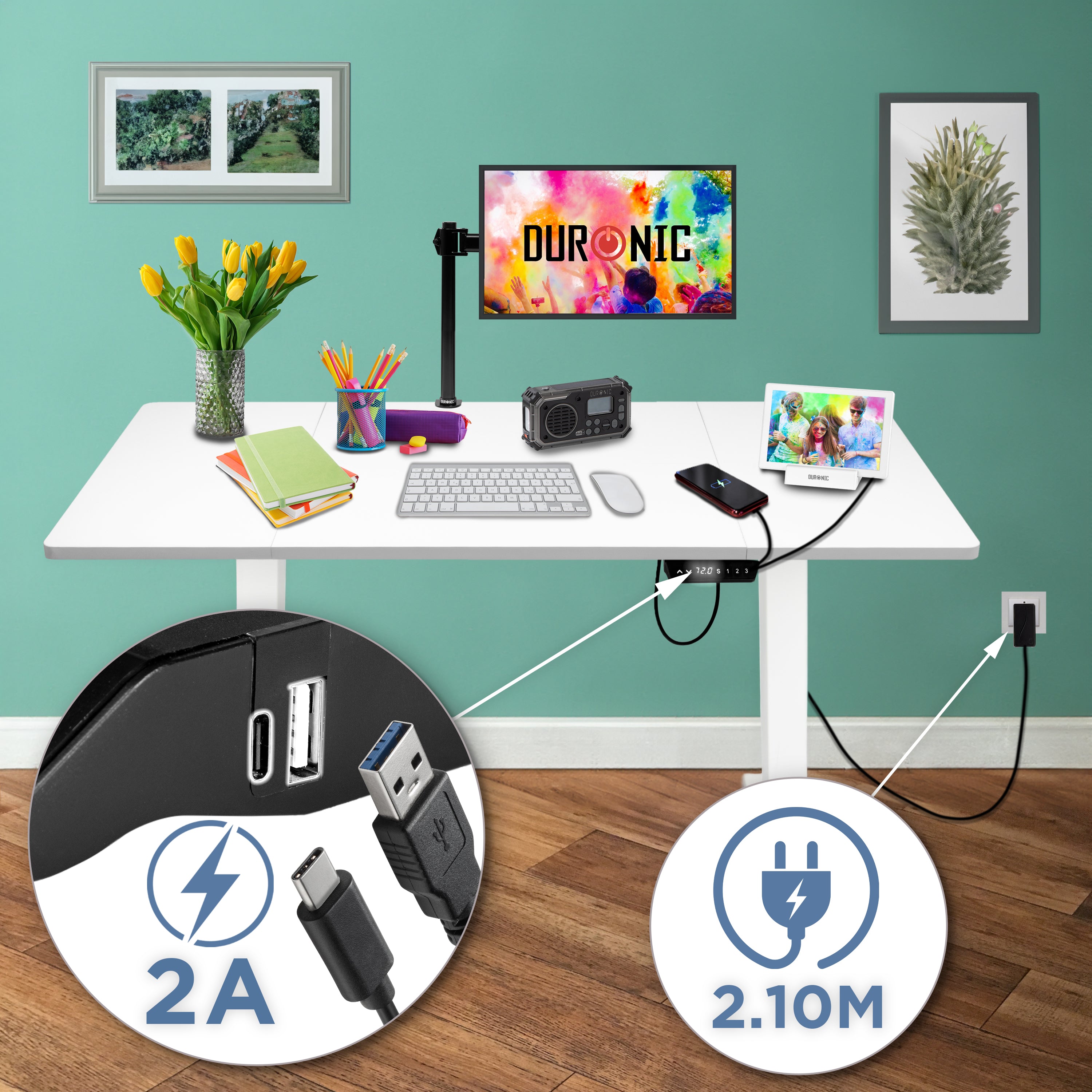 CD140 WE höhenverstellbarer Schreibtisch USB Anschluss Kabellänge