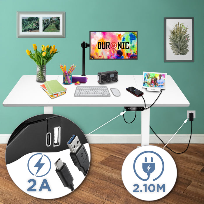 Duronic CD160 WE Höhenverstellbarer Schreibtisch, Computertisch für Büro und Gaming, elektrischer Schreibtisch mit USB Port, 160 x 60 cm Sitz-Steh-Schreibtisch, Höhenverstellbar von 72 bis 118 cm