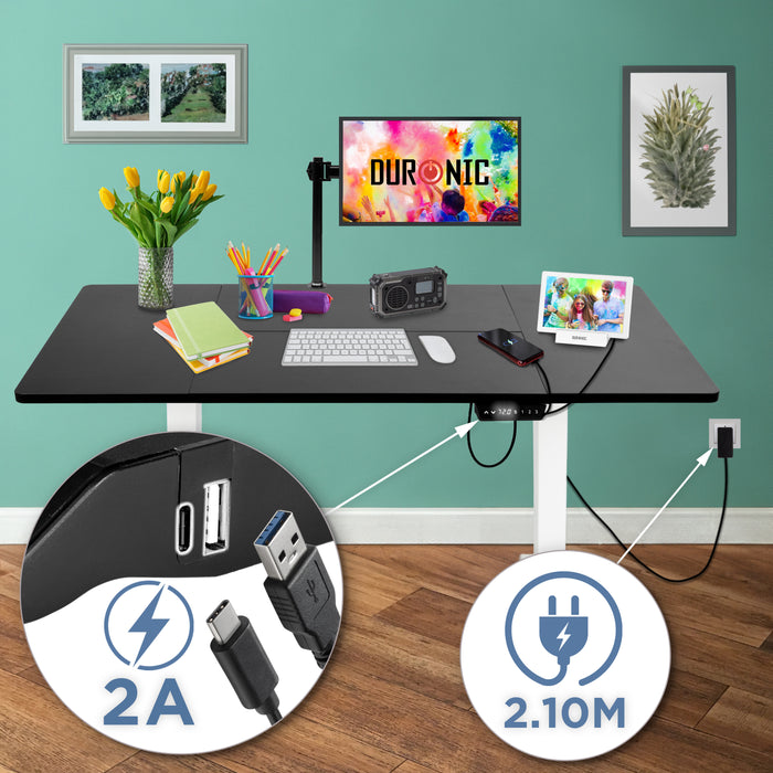 Duronic CD160 WK Höhenverstellbarer Schreibtisch, Computertisch für Büro und Gaming, elektrischer Schreibtisch mit USB Port, 160 x 60 cm Sitz-Steh-Schreibtisch, Höhenverstellbar von 72 bis 118 cm