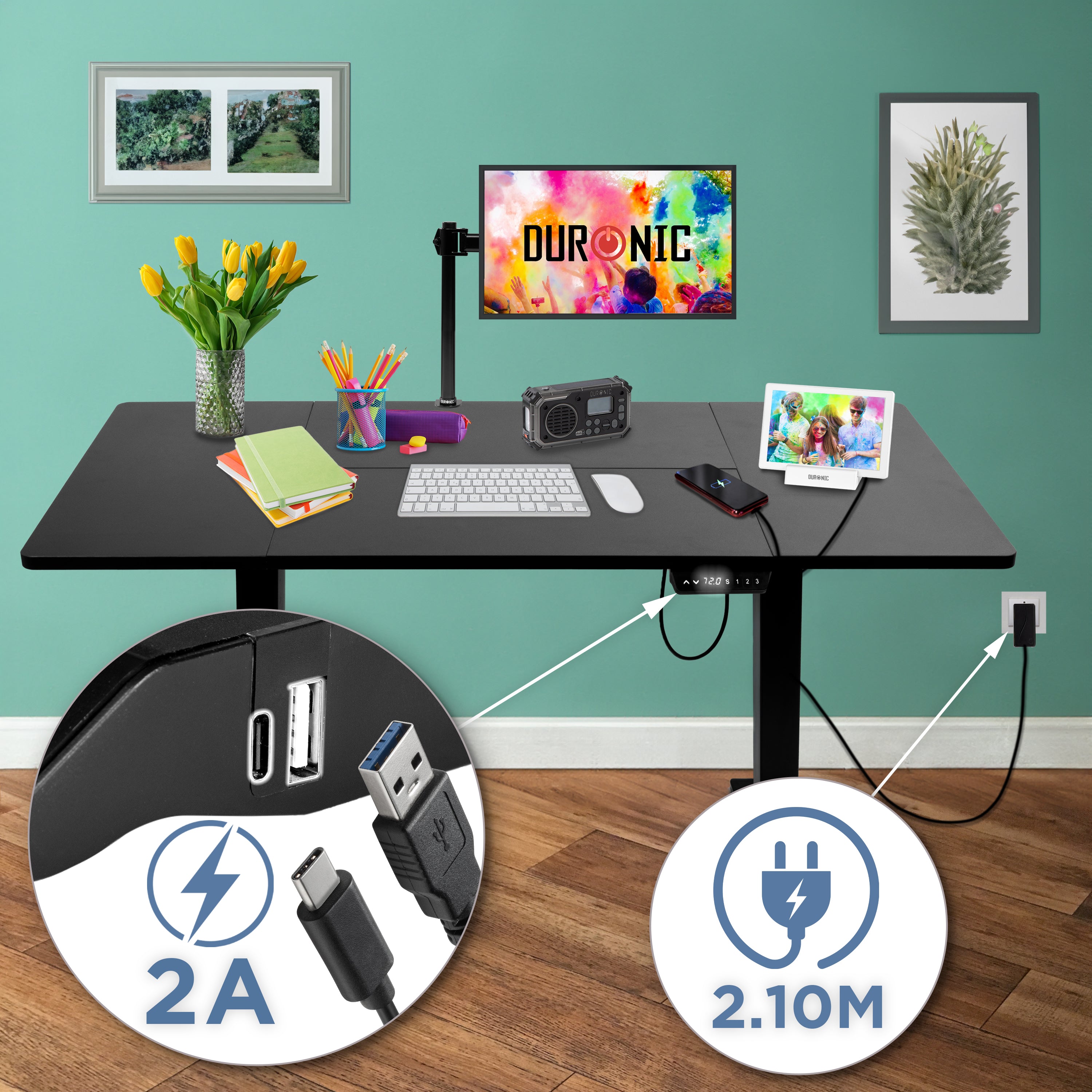 CD160 BK höhenverstellbarer Schreibtisch USB Anschluss Kabellänge