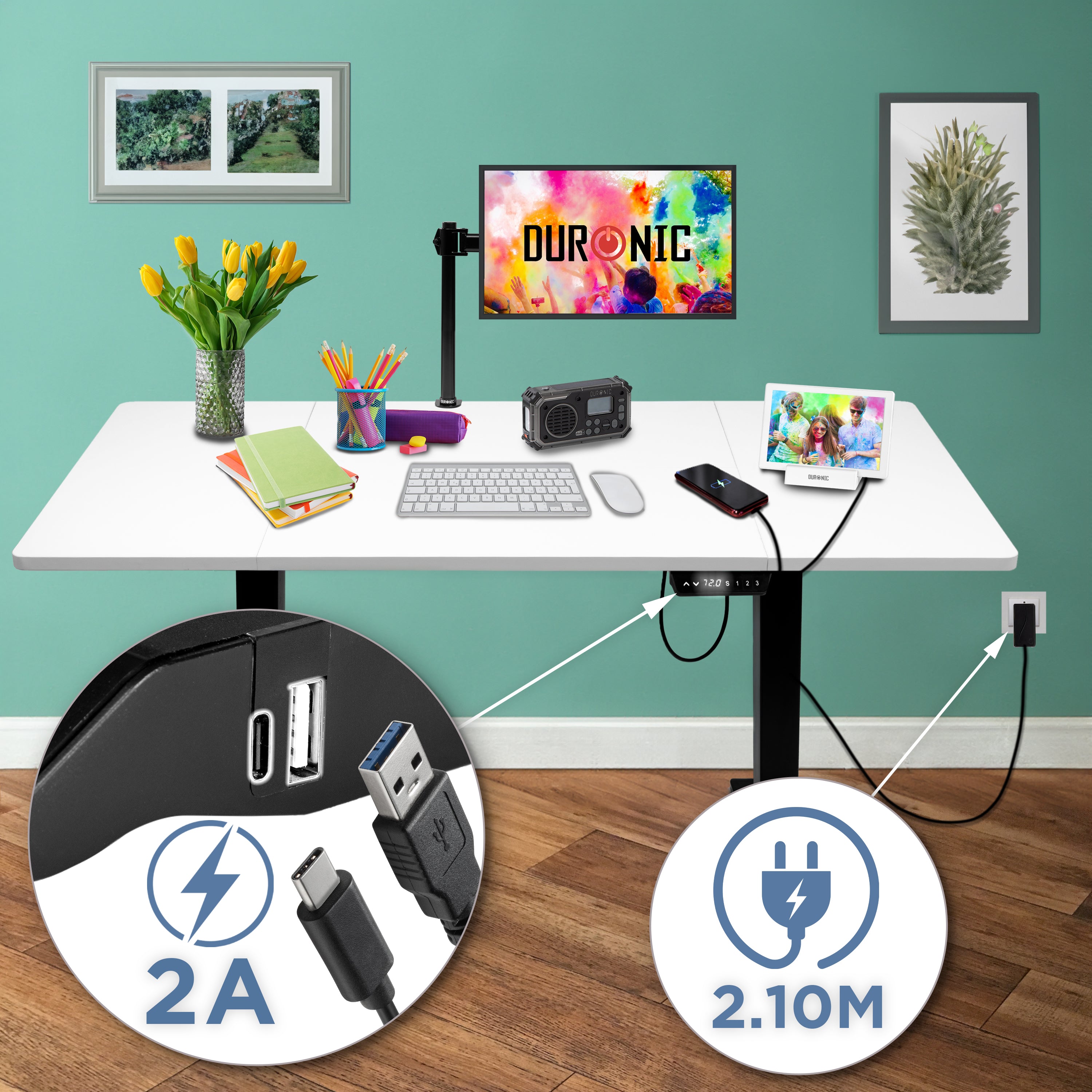 CD160 BW höhenverstellbarer Schreibtisch USB Anschluss Kabellänge