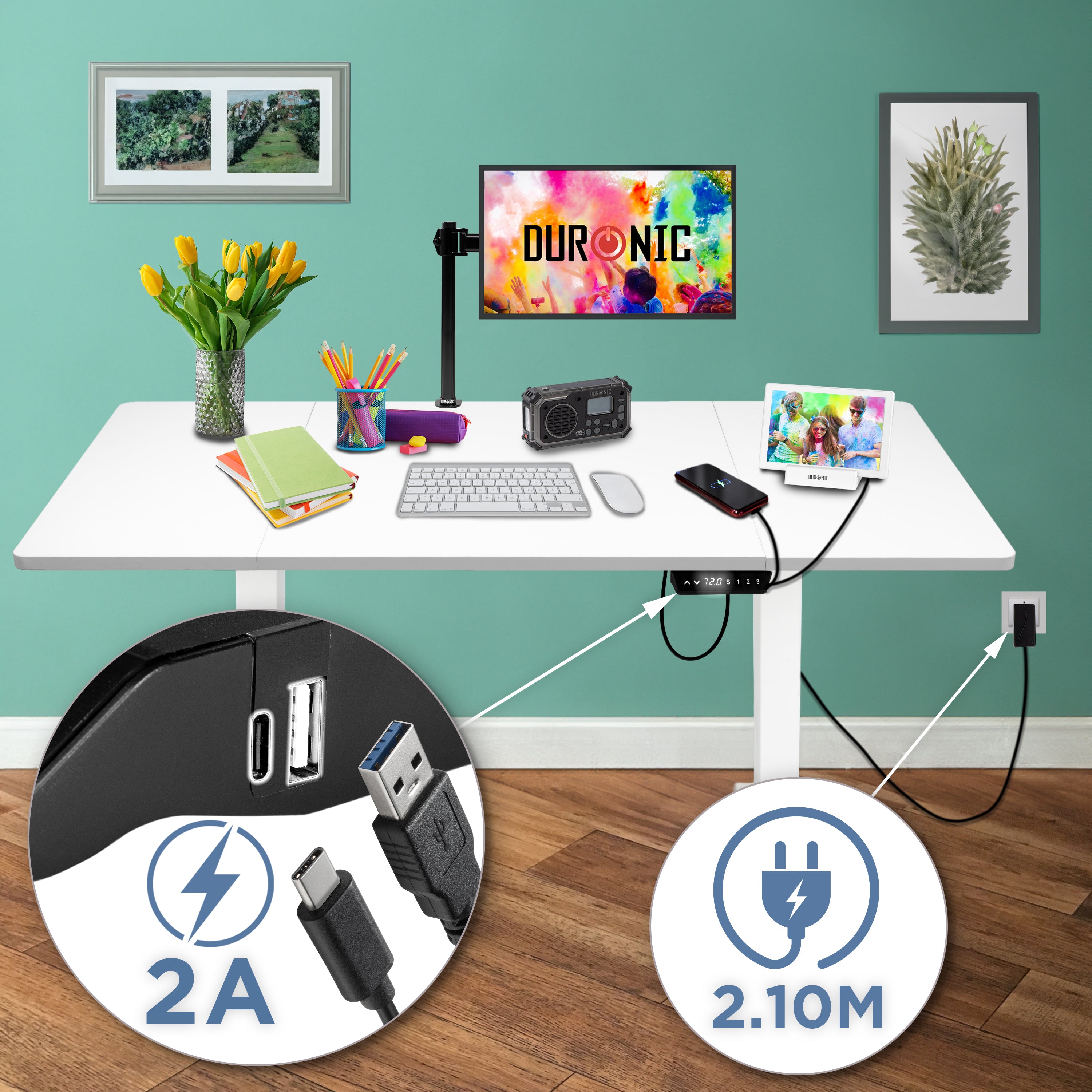 CD160 WE höhenverstellbarer Schreibtisch USB Anschluss Kabellänge