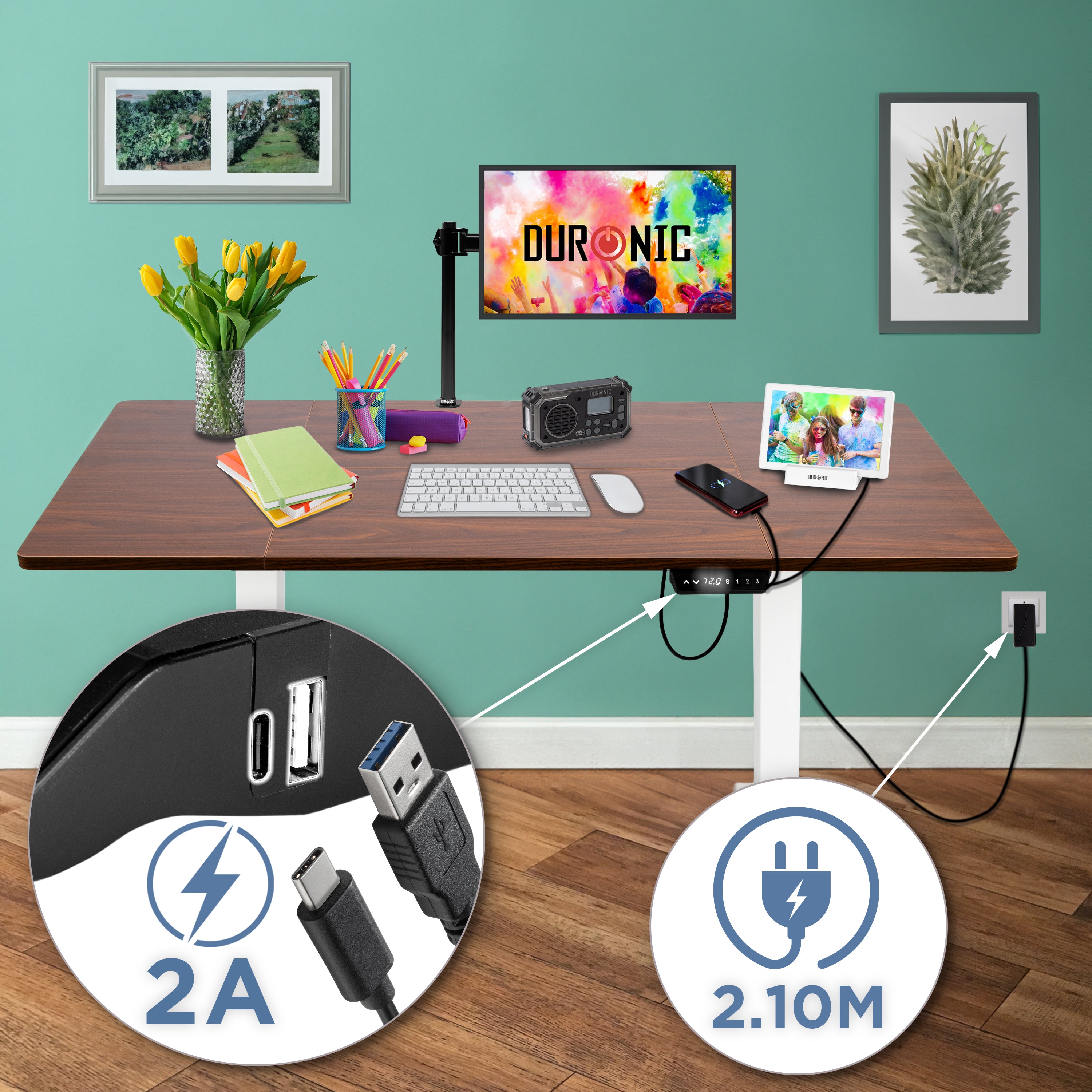 CD160 WT höhenverstellbarer Schreibtisch USB Anschluss Kabellänge