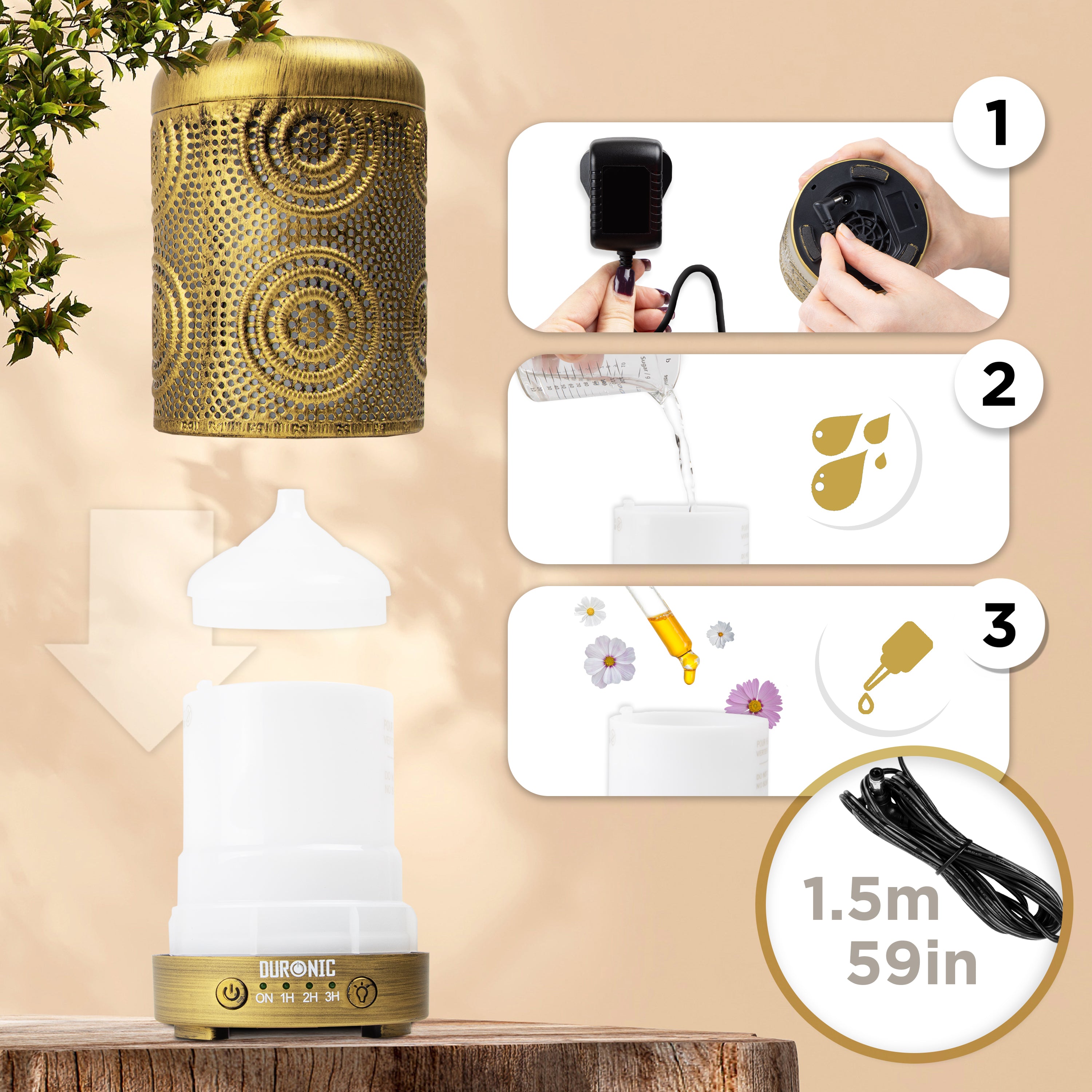 Duronic AD41 Aroma Diffuser Wassertank Kapazität ätherische Öle Benutzung Kabellänge