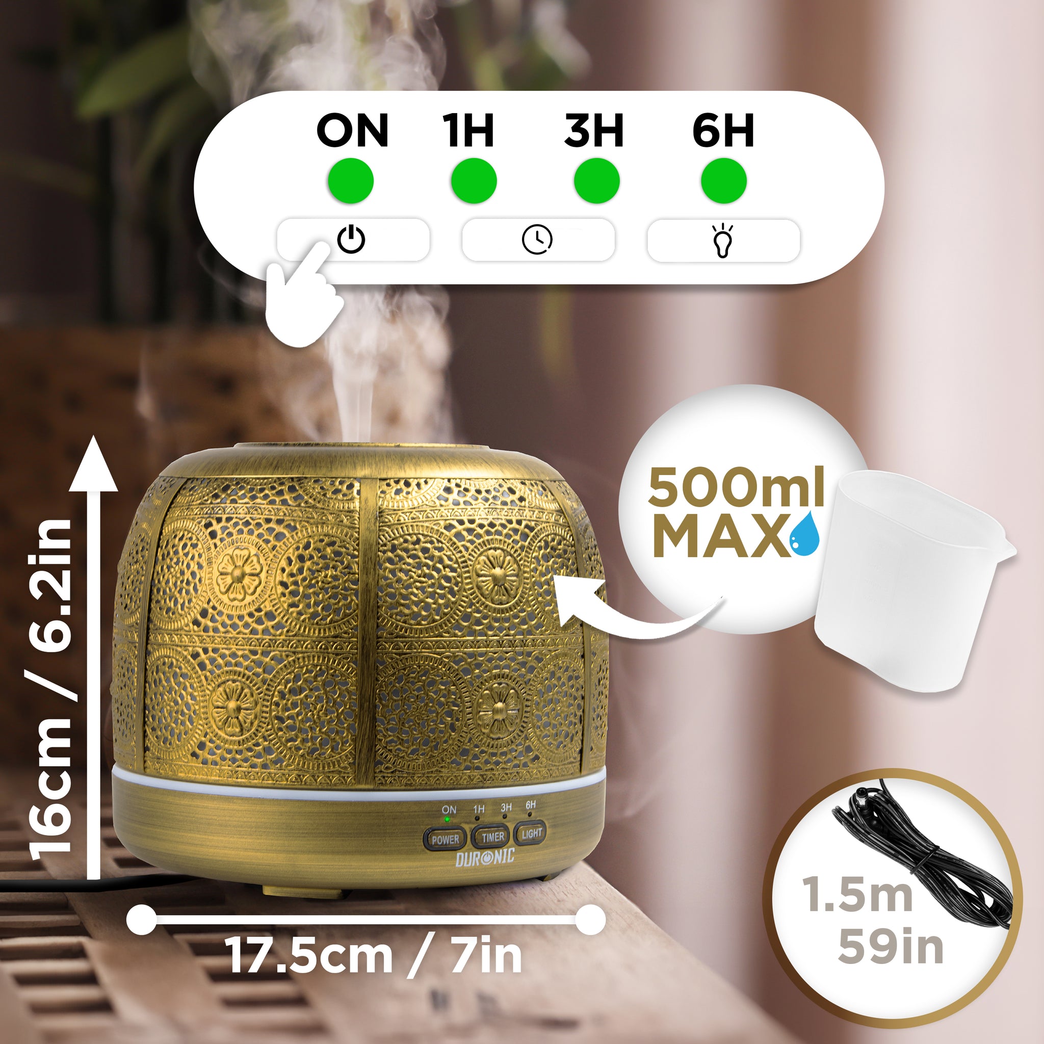 Duronic AD43 Aroma Diffuser Maße Kabellänge Kapazität