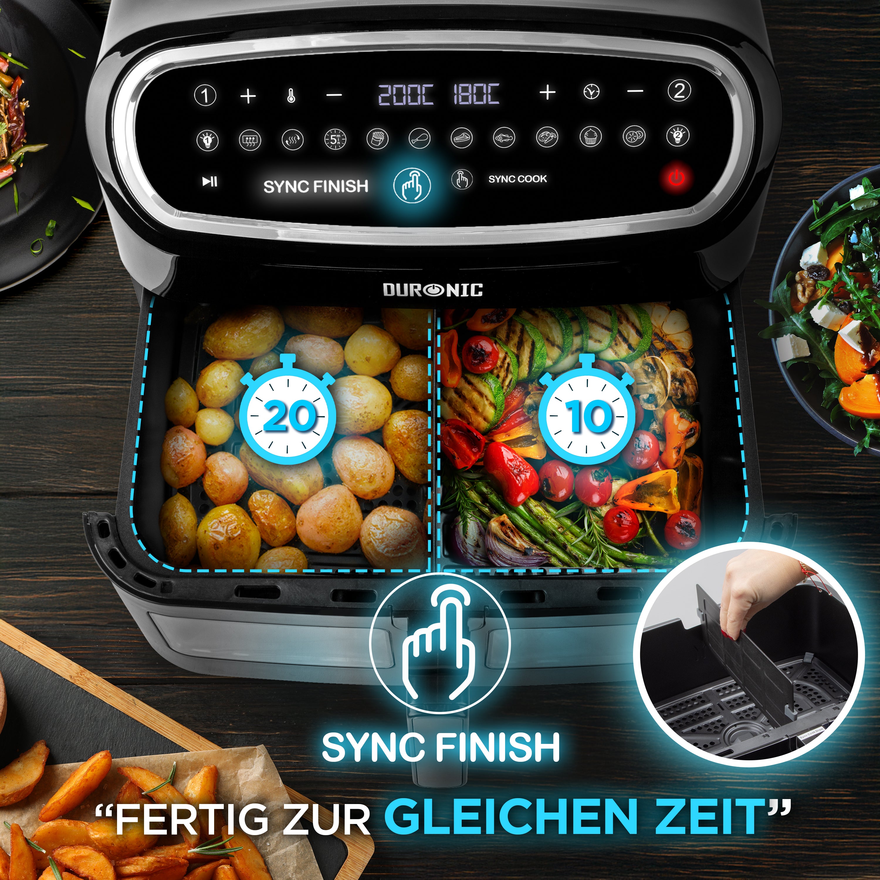 Duronic AF14 BK Heißluftfritteuse Sync Finish Funktion Trennwand für große Schublade