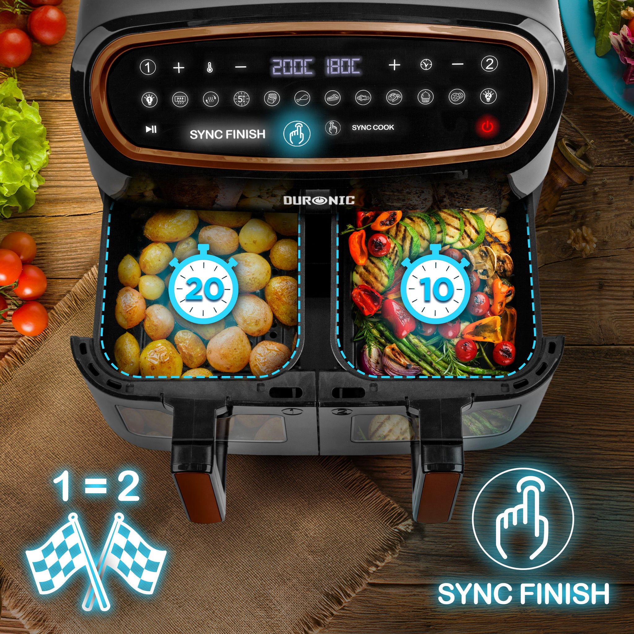 Duronic AF34 BG Heißluftfritteuse Sync Finish Funktion